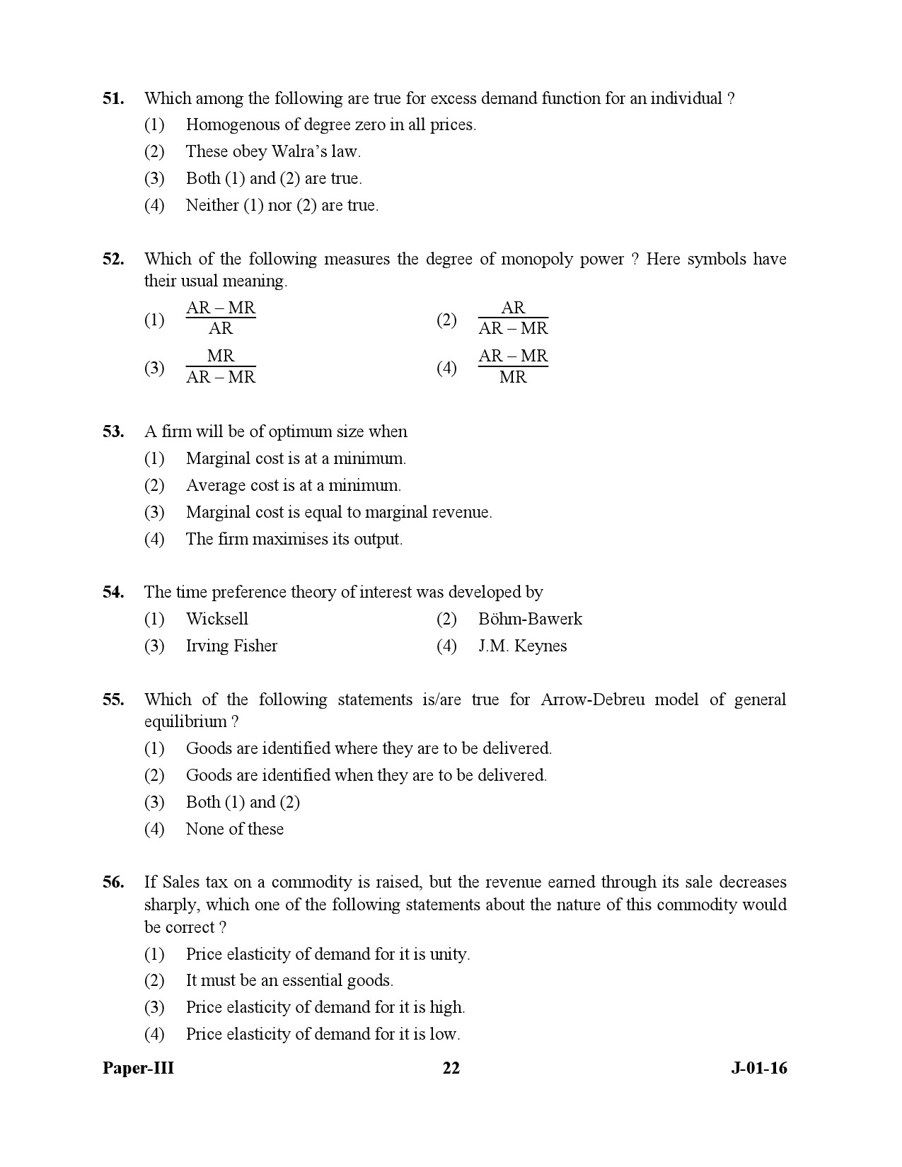 UGC NET Economics Question Paper III July 2016 22