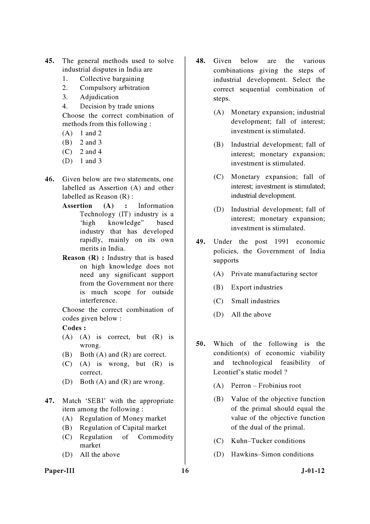 UGC NET Economics Question Paper III June 2012 16