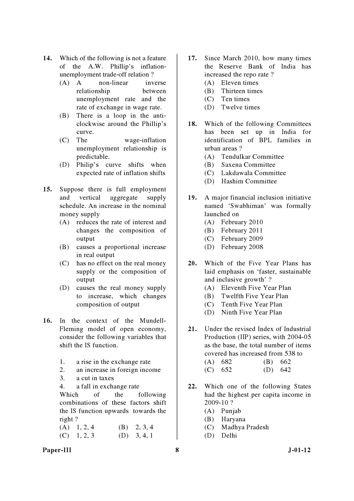 UGC NET Economics Question Paper III June 2012 8