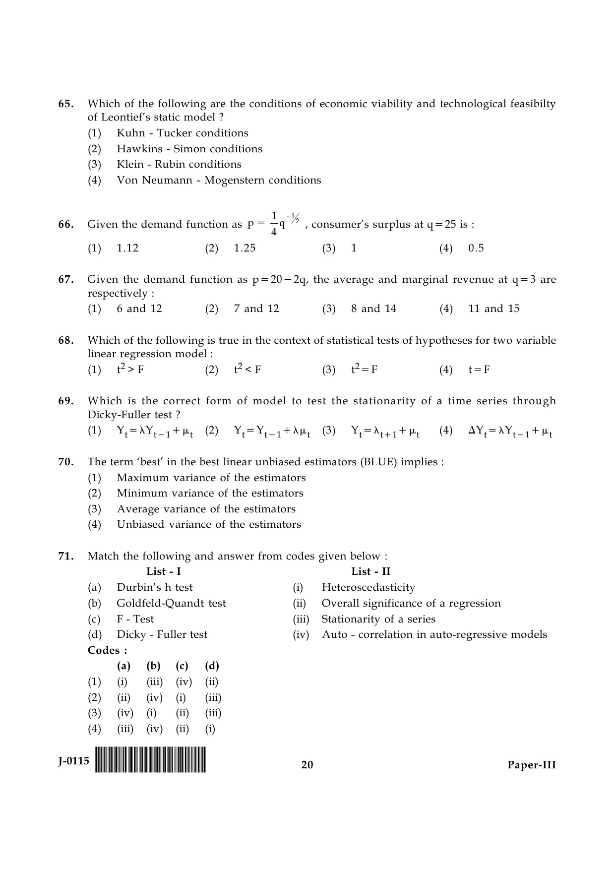 UGC NET Economics Question Paper III June 2015 20