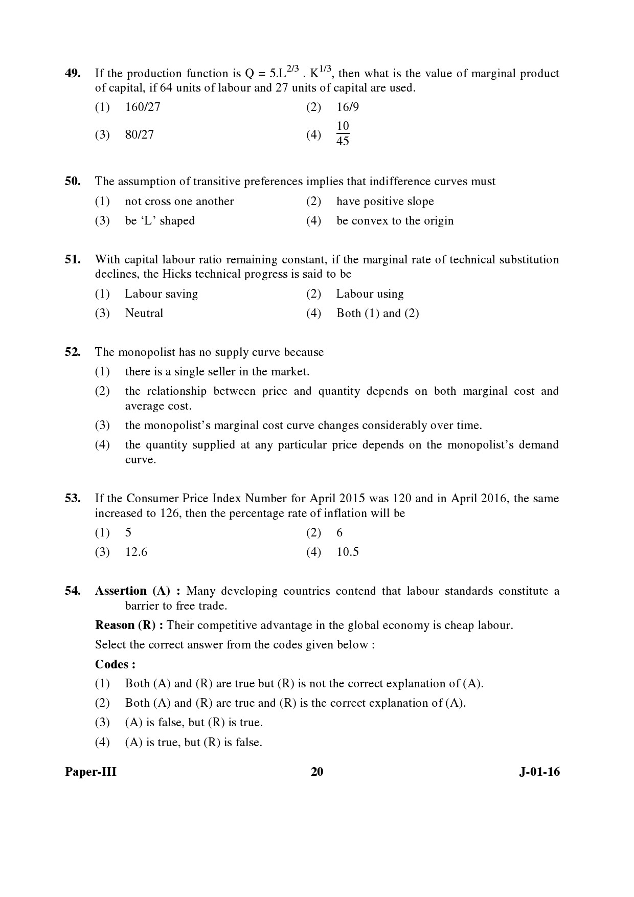 UGC NET Economics Question Paper III Set 2 July 2016 20