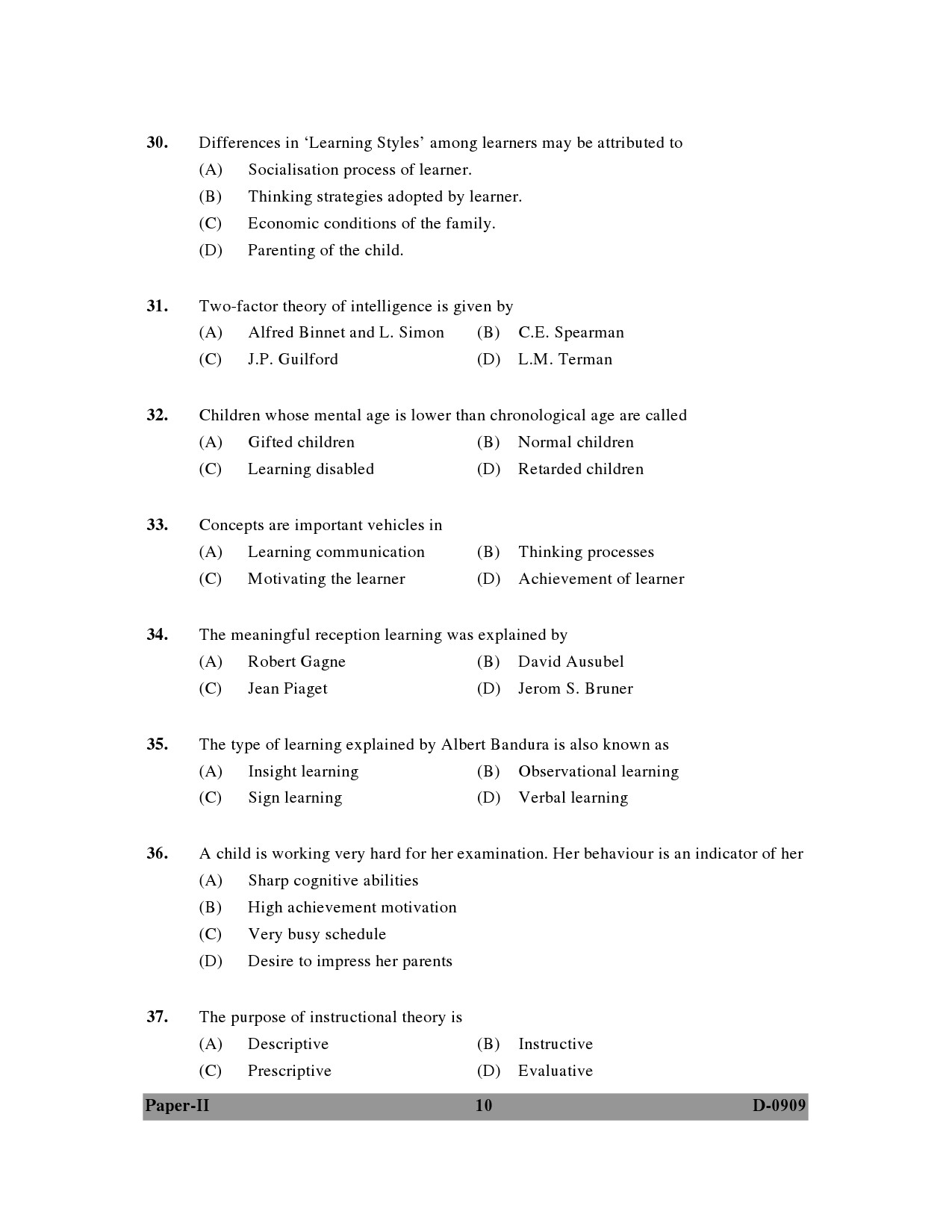 UGC NET Education Question Paper II December 2009 10