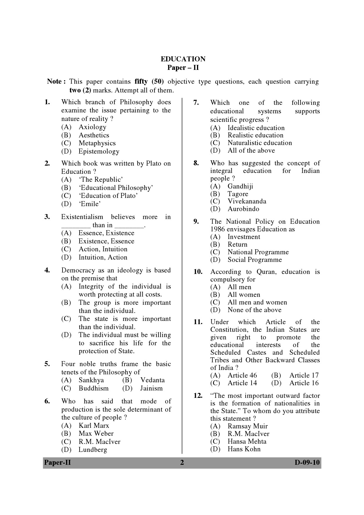 UGC NET Education Question Paper II December 2010 2