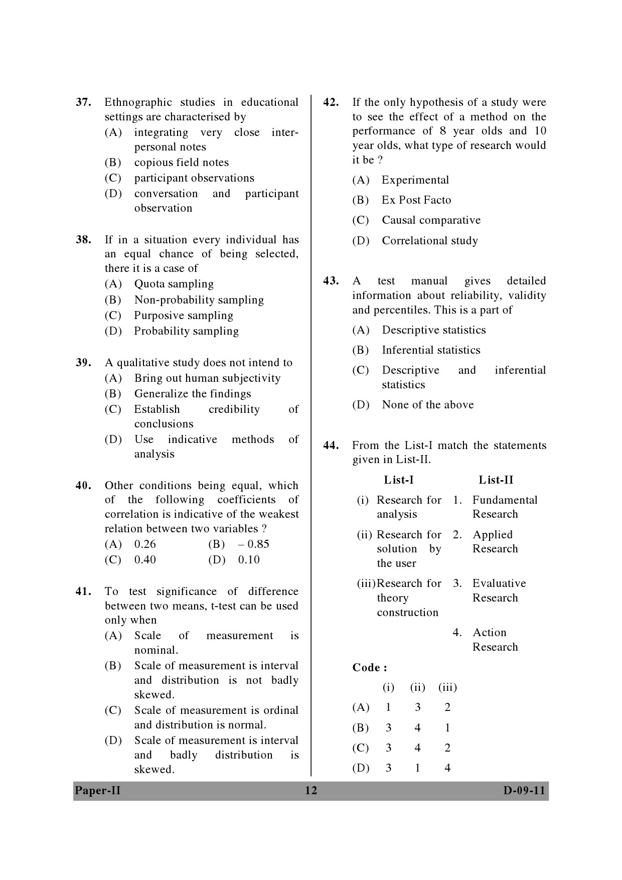 UGC NET Education Question Paper II December 2011 12