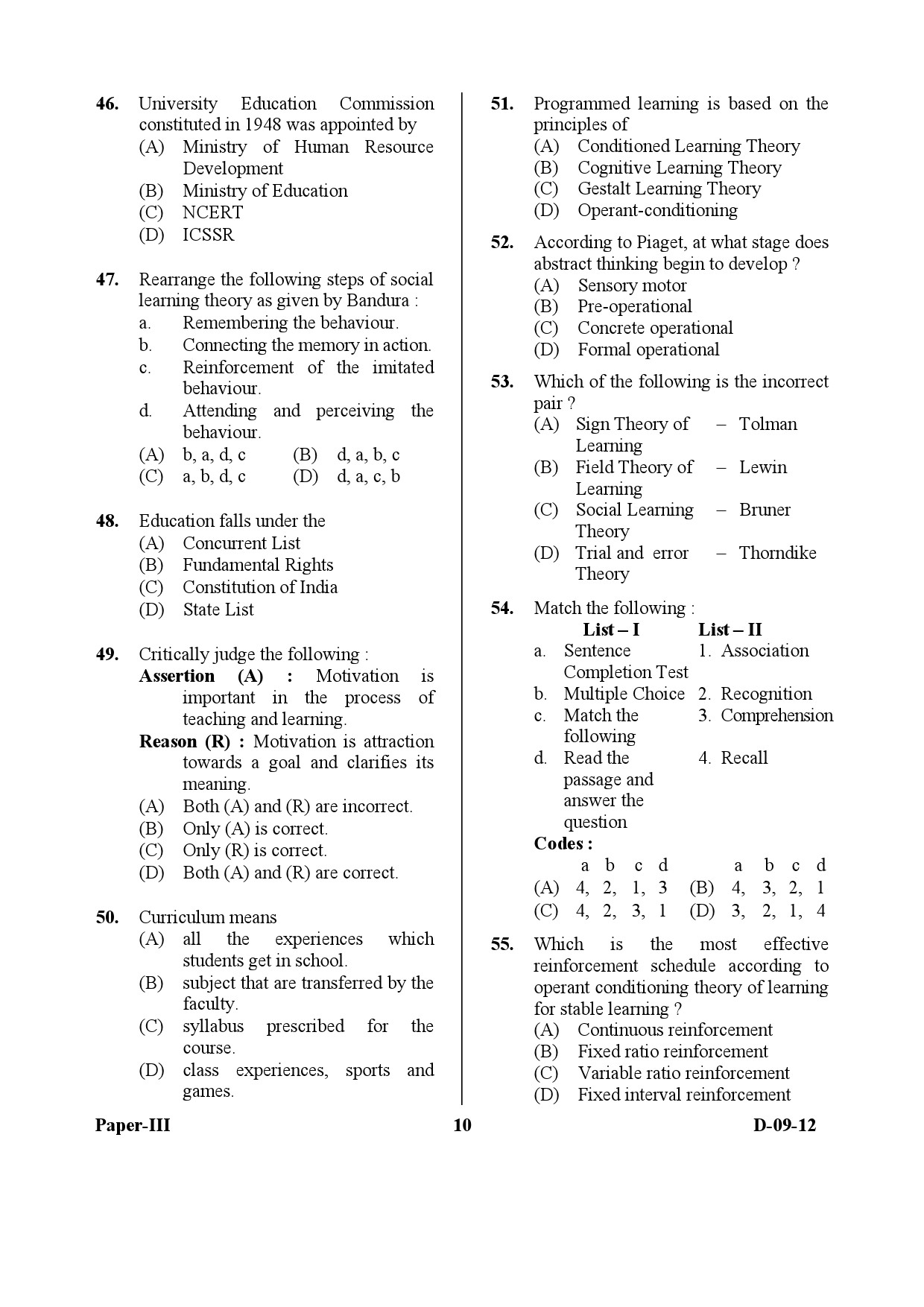 UGC NET Education Question Paper III December 2012 10