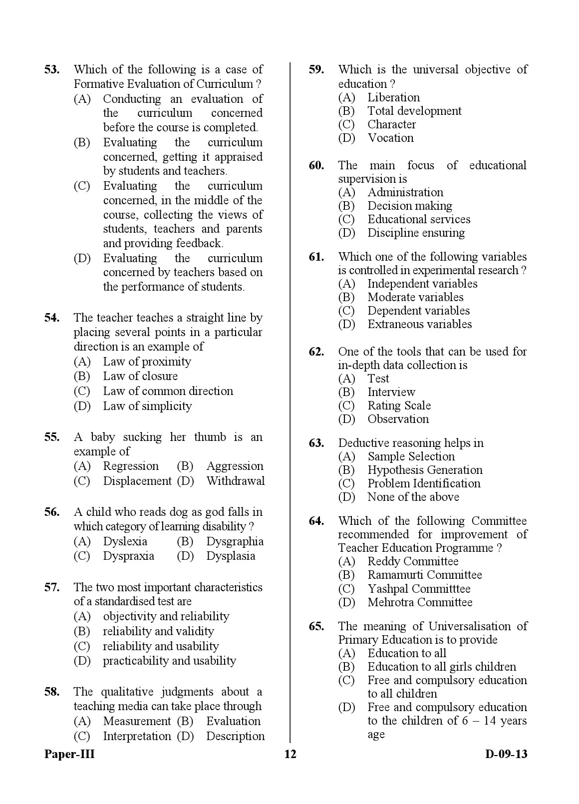 UGC NET Education Question Paper III December 2013 12