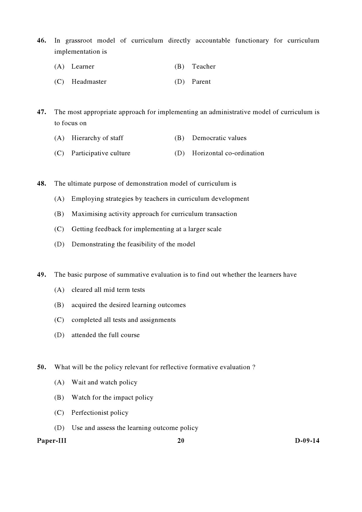 UGC NET Education Question Paper III December 2014 20