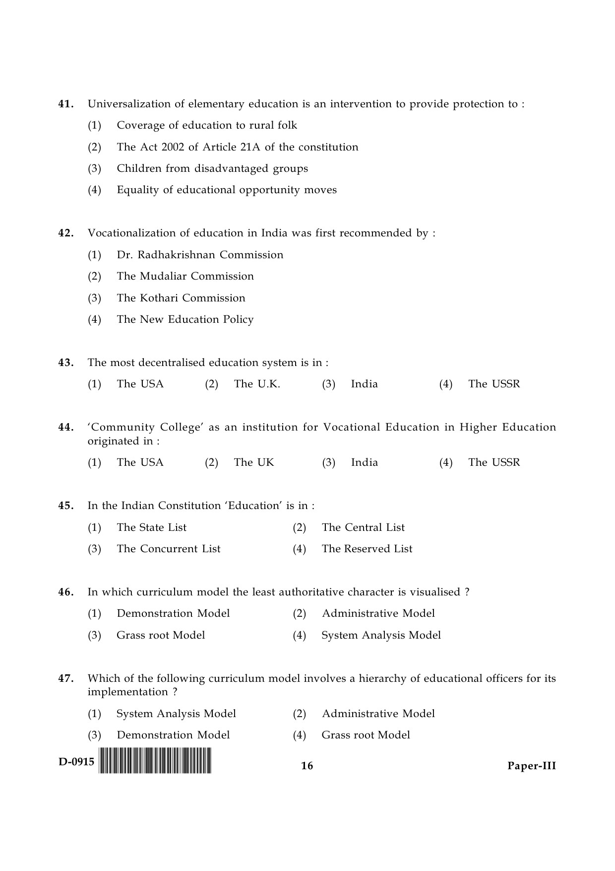 UGC NET Education Question Paper III December 2015 16