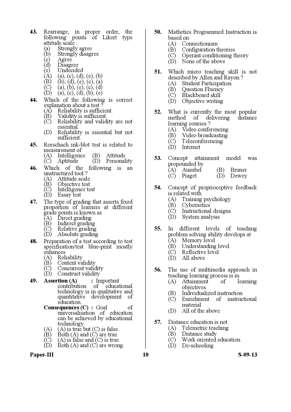 UGC NET Education Question Paper III Exam September 2013 10