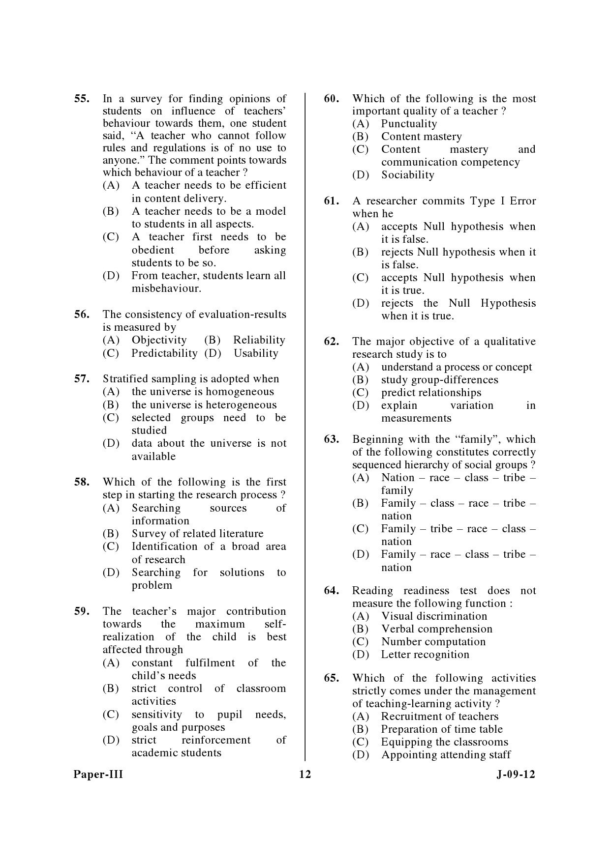 UGC NET Education Question Paper III June 2012 12