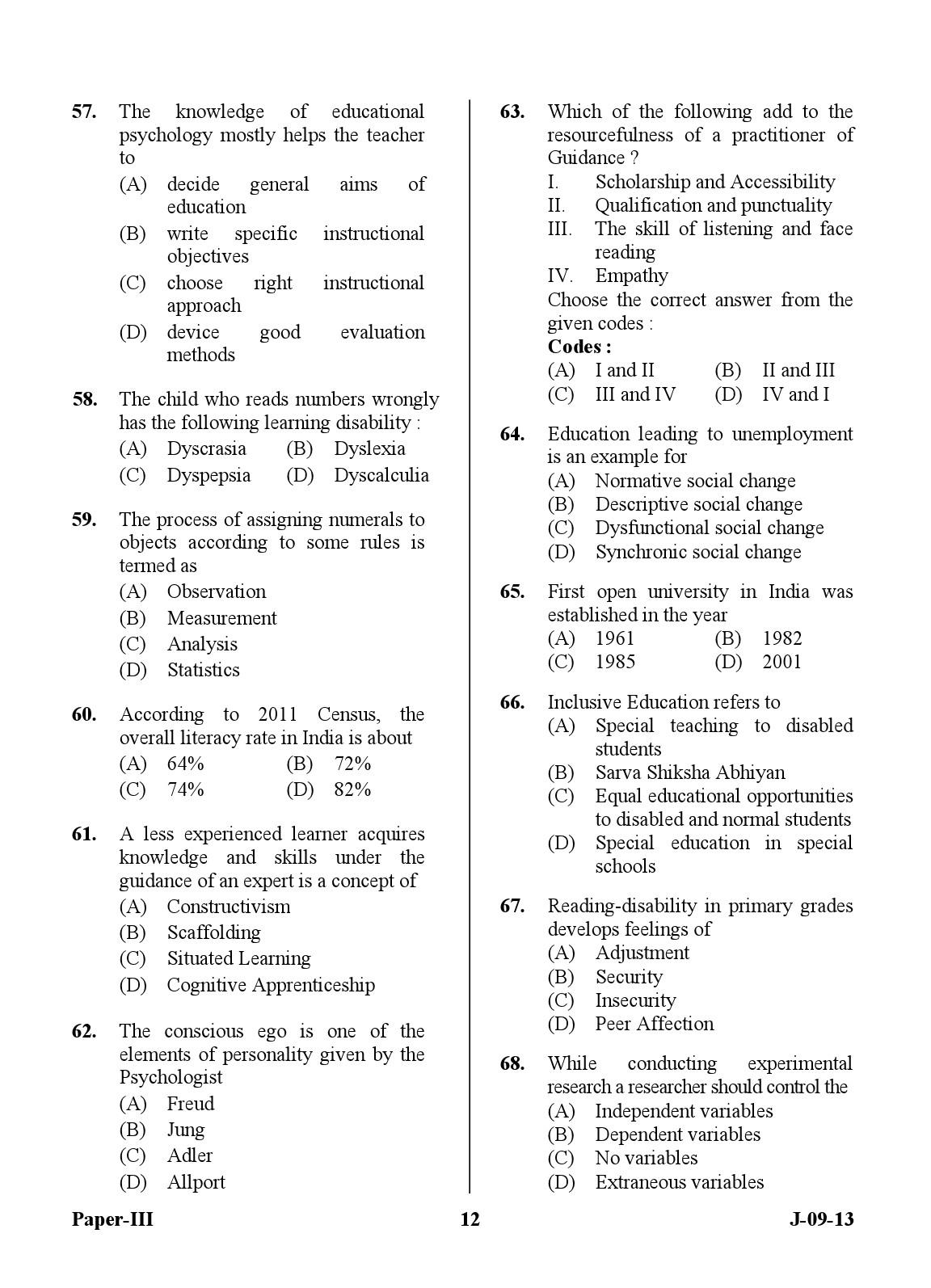 UGC NET Education Question Paper III June 2013 12