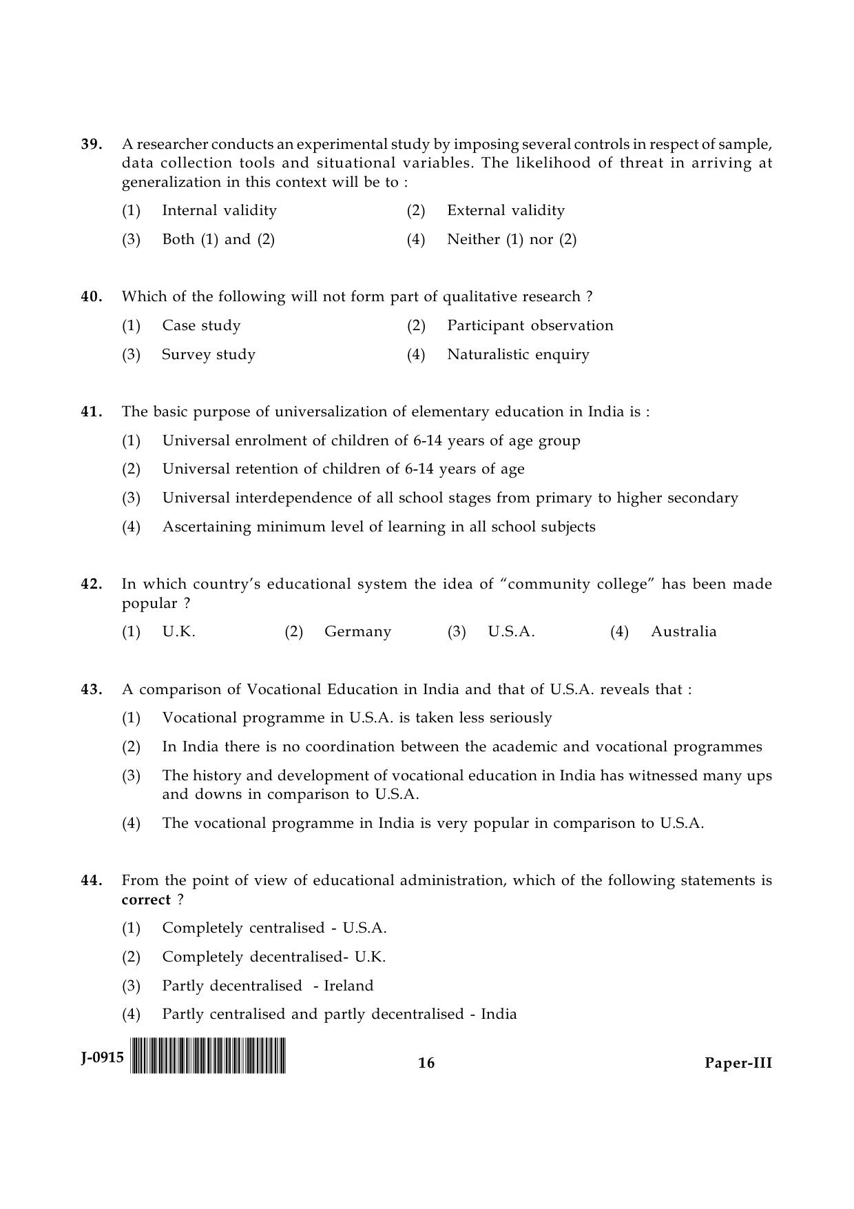 UGC NET Education Question Paper III June 2015 16