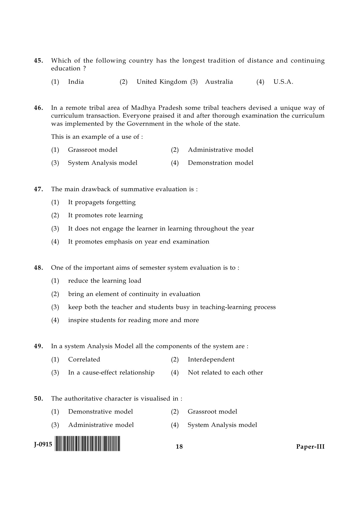 UGC NET Education Question Paper III June 2015 18