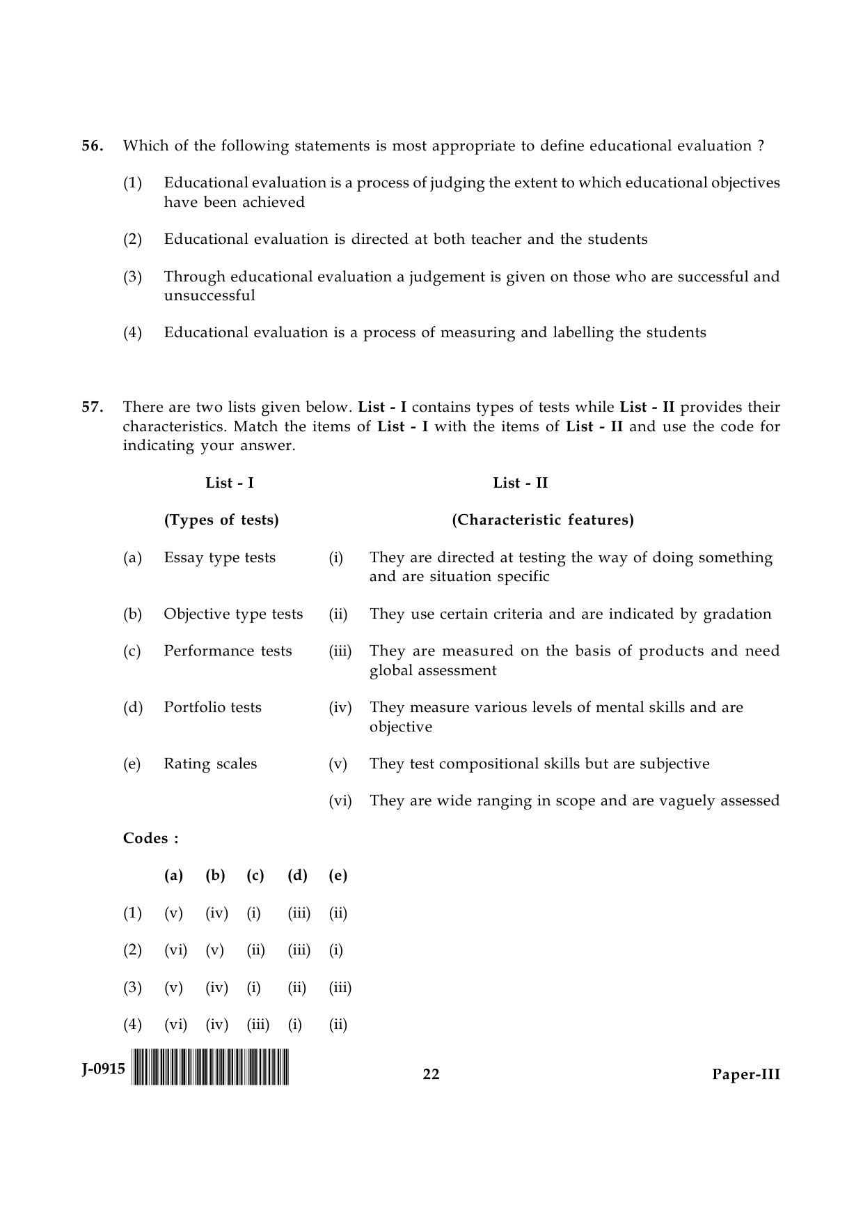 UGC NET Education Question Paper III June 2015 22