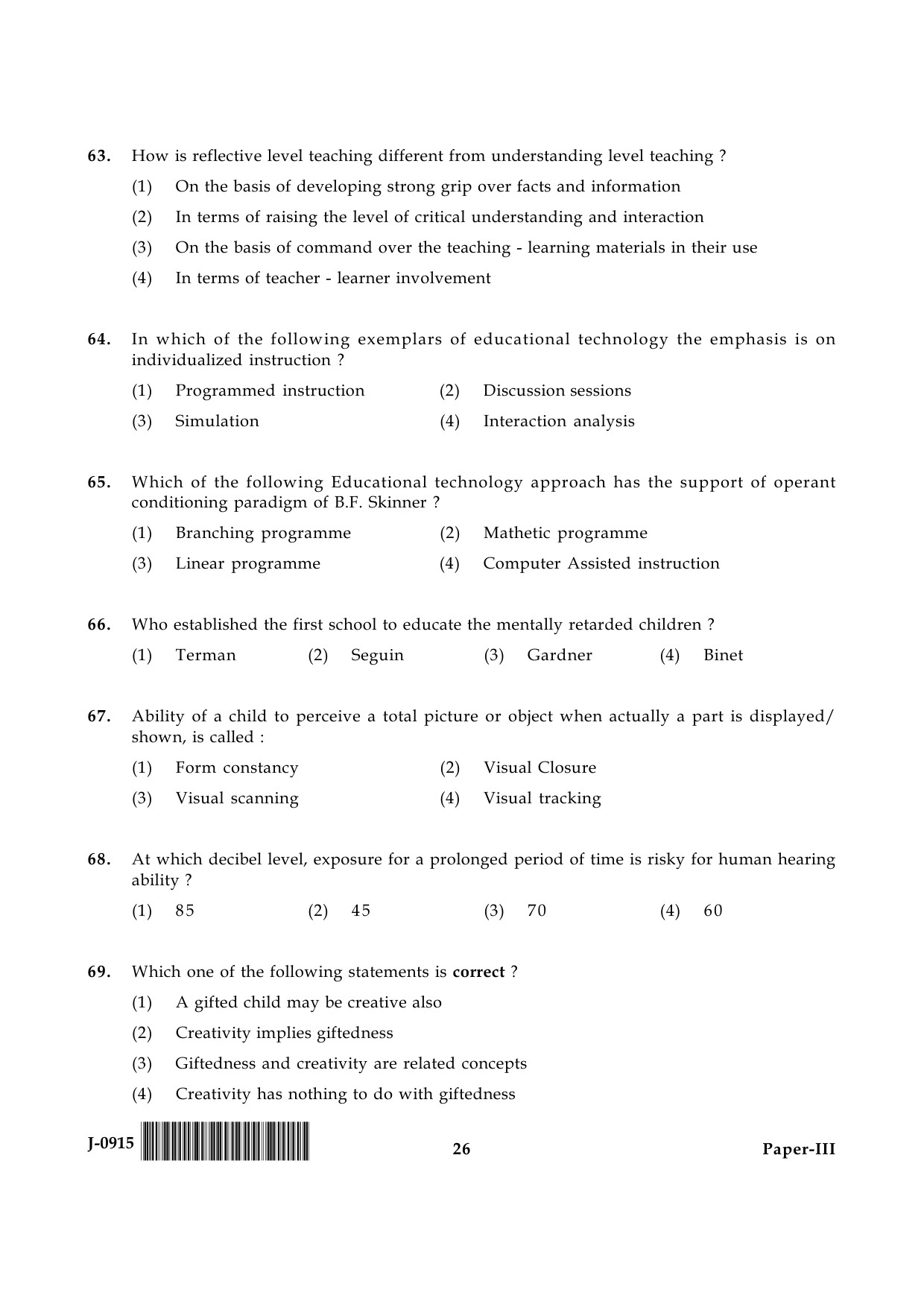 UGC NET Education Question Paper III June 2015 26