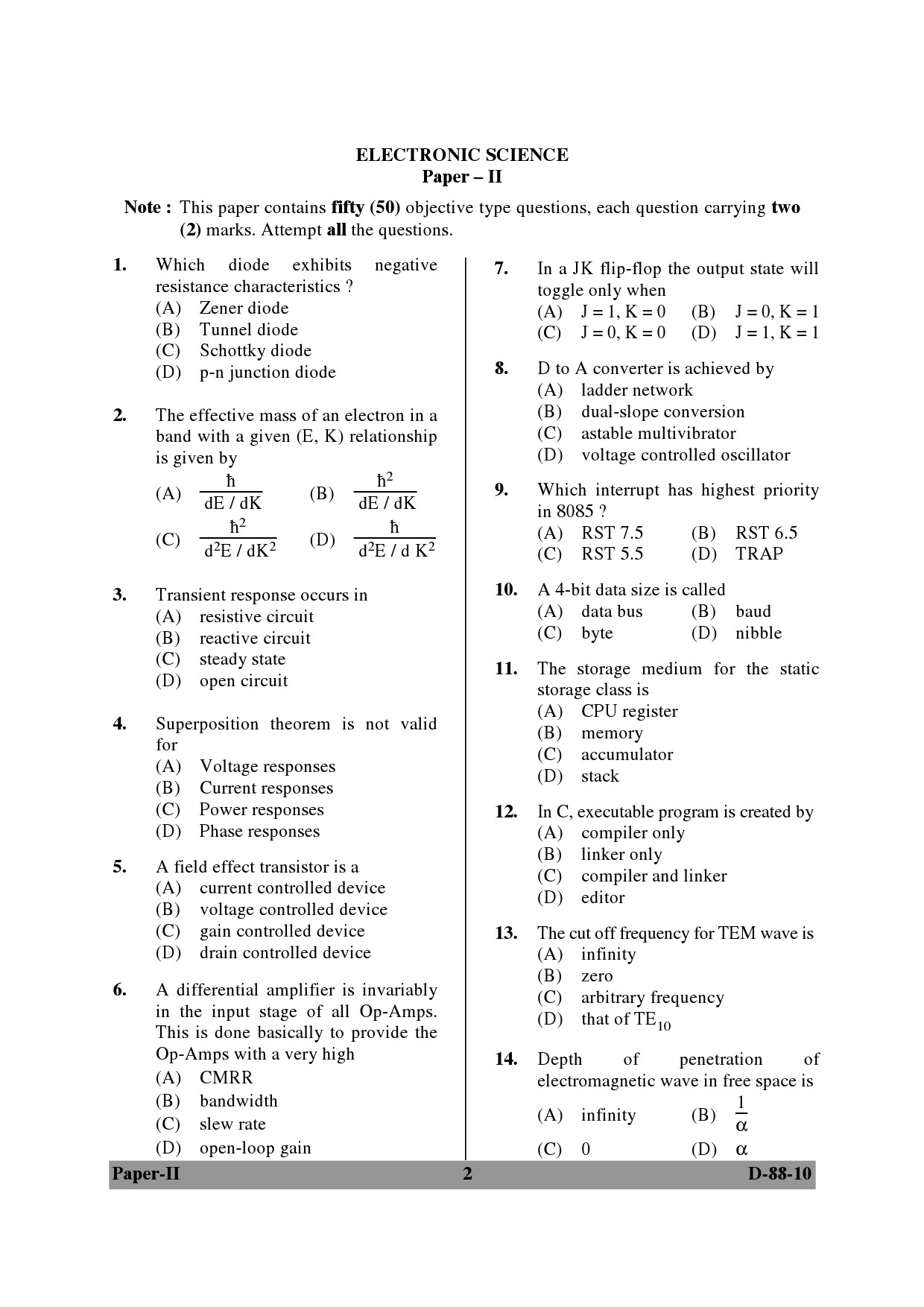 UGC NET Electronic Science Question Paper II December 2010 2