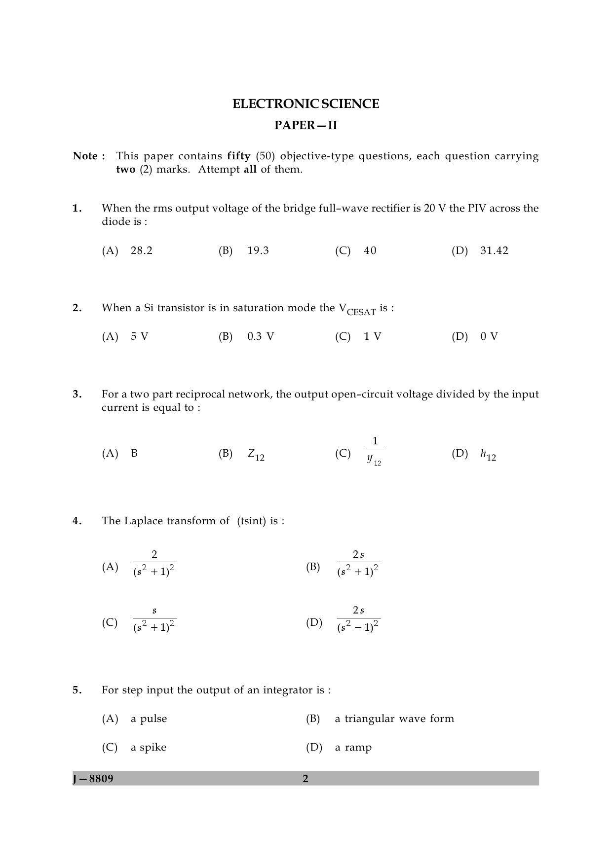 UGC NET Electronic Science Question Paper II June 2009 2