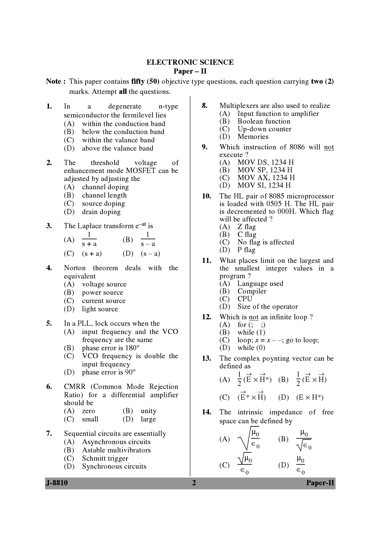 UGC NET Electronic Science Question Paper II June 2010 2