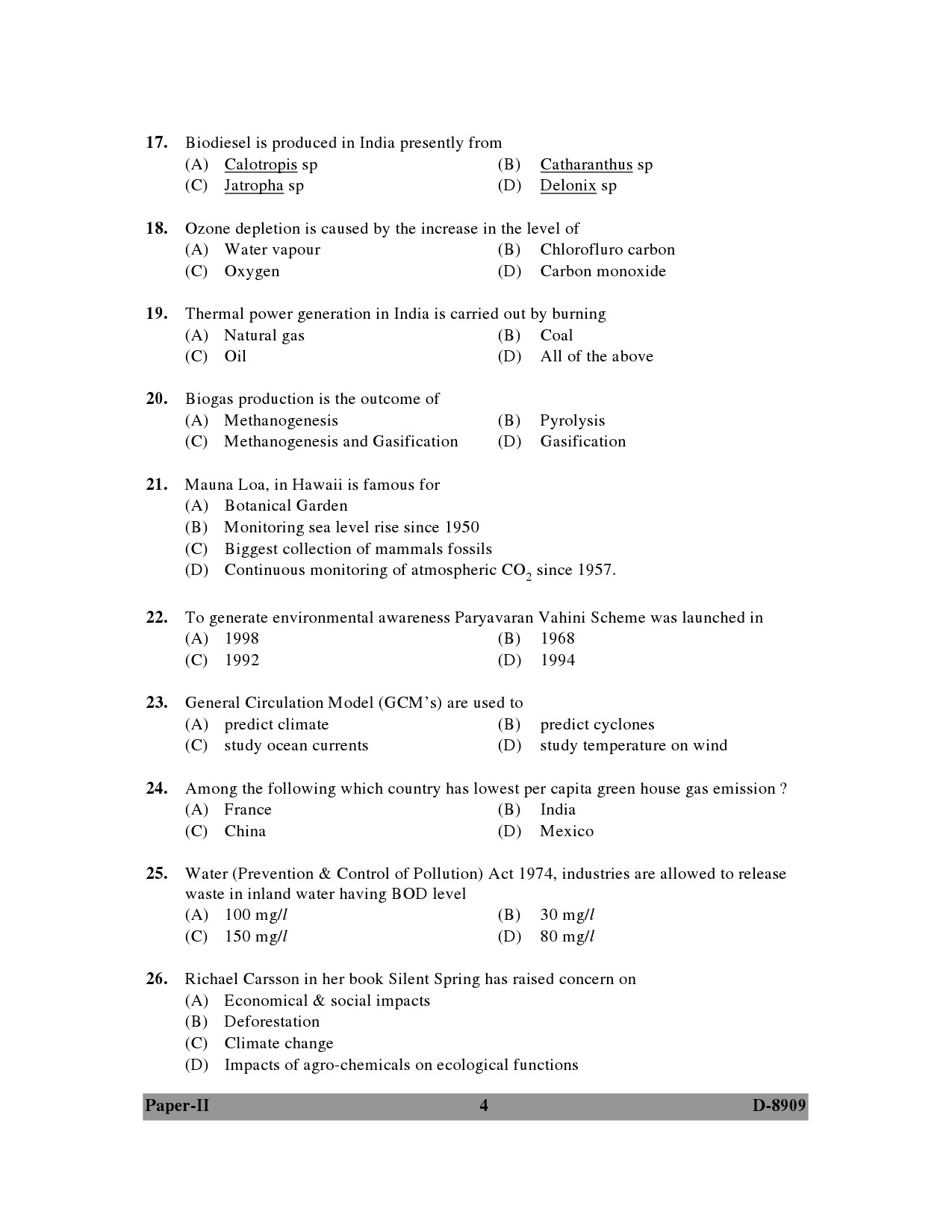 UGC NET Environmental Science Question Paper II December 2009 4