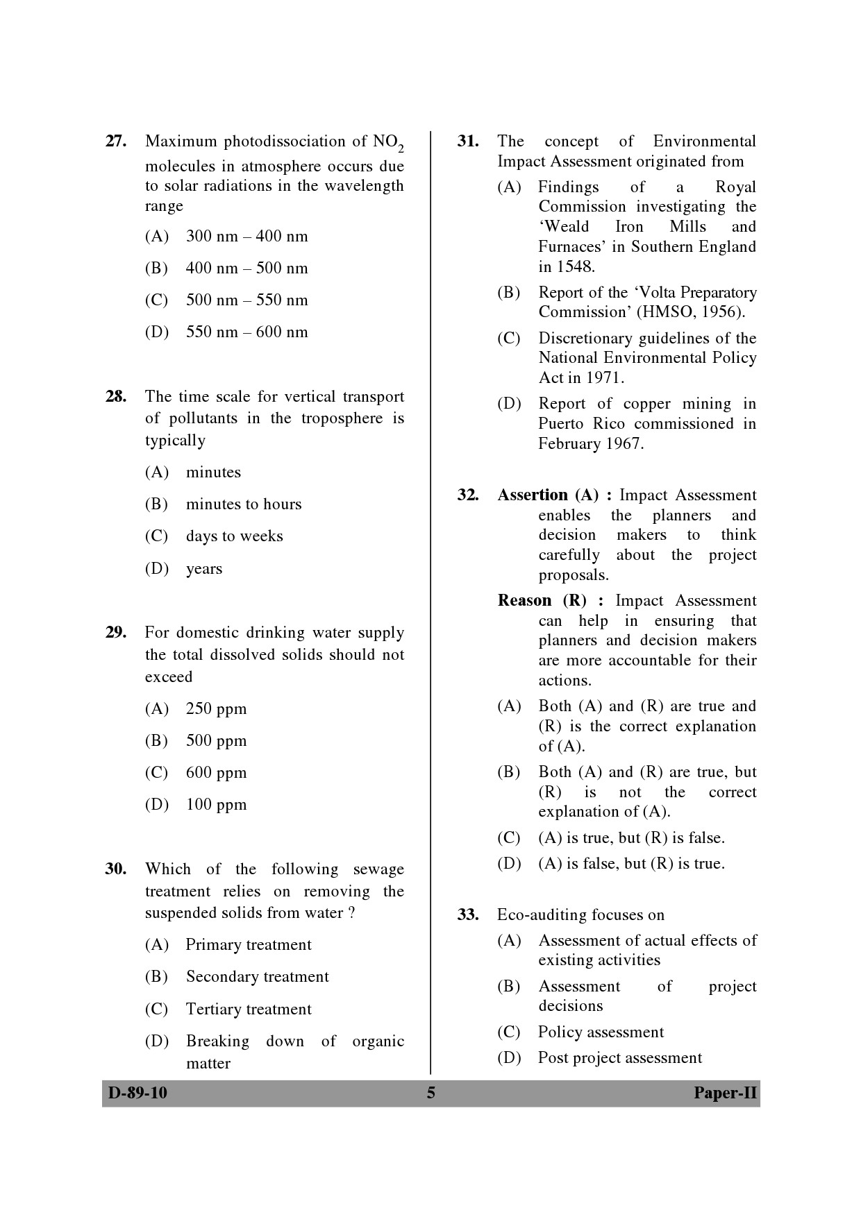 UGC NET Environmental Science Question Paper II December 2010 5