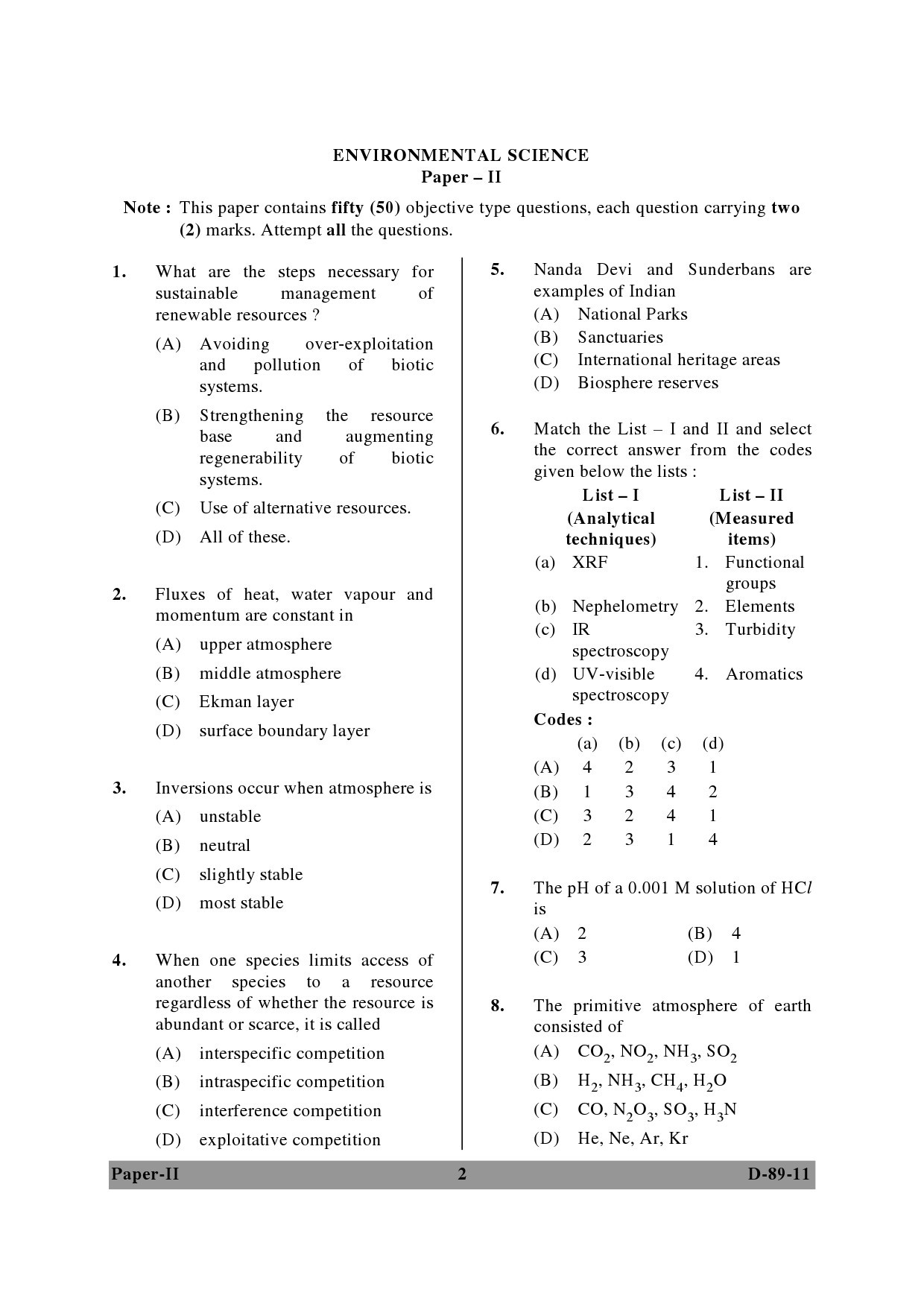 UGC NET Environmental Science Question Paper II December 2011 2