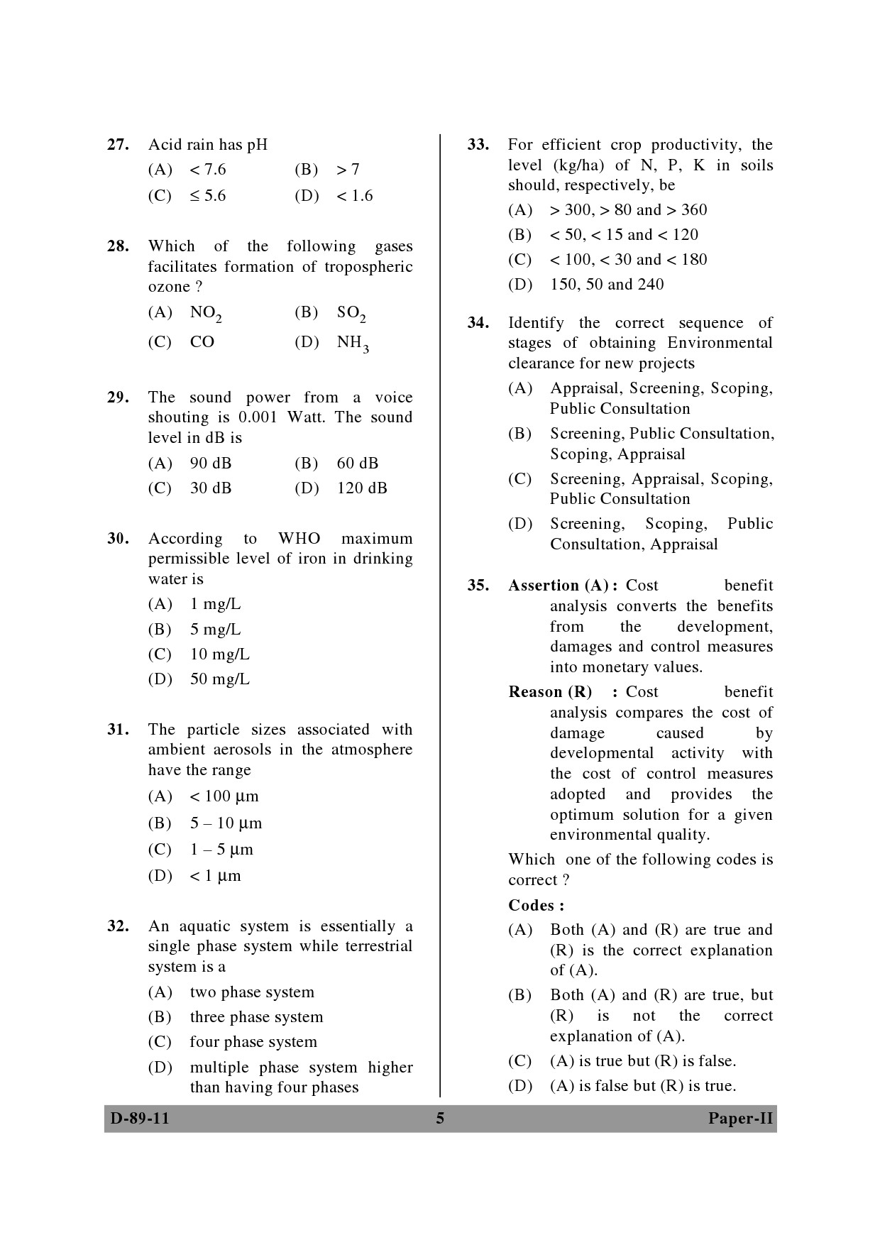 UGC NET Environmental Science Question Paper II December 2011 5