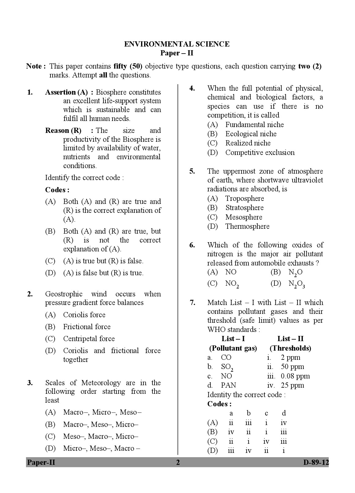 UGC NET Environmental Science Question Paper II December 2012 2