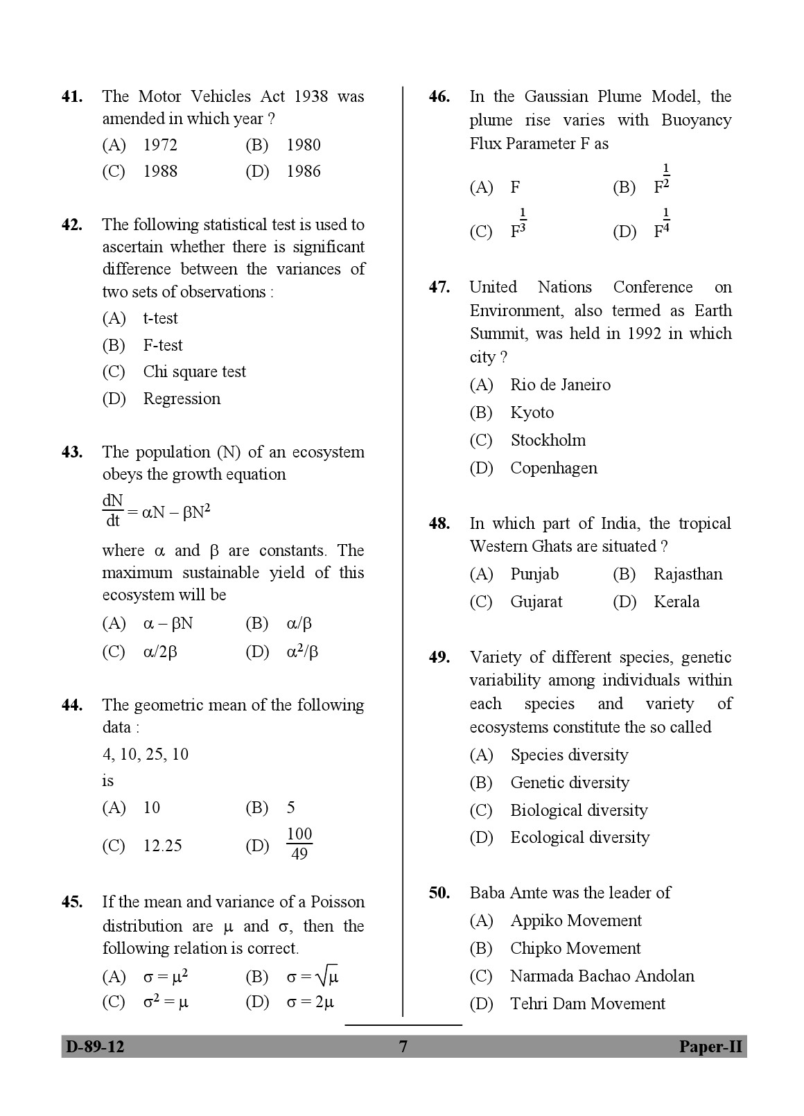 UGC NET Environmental Science Question Paper II December 2012 7