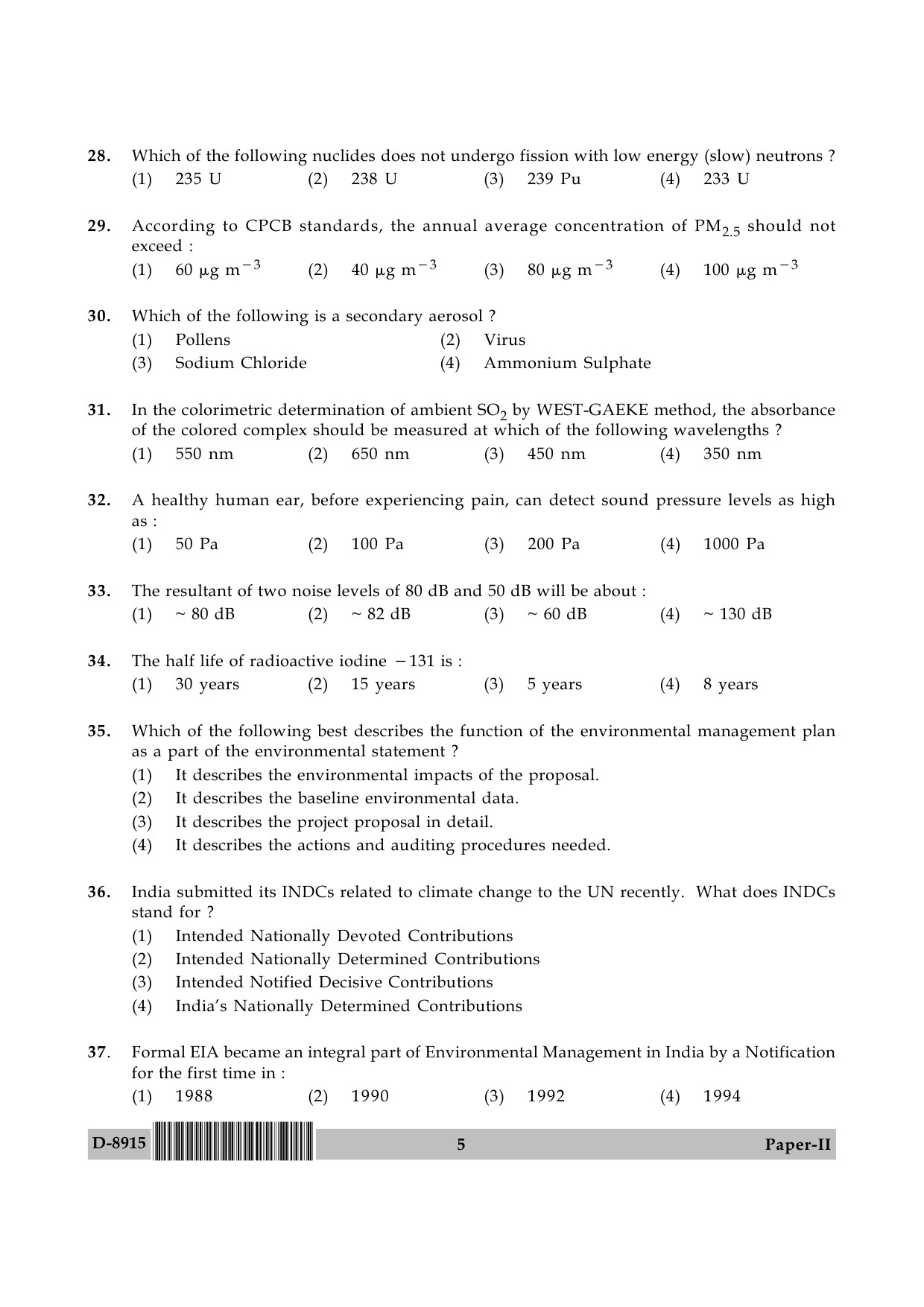 UGC NET Environmental Science Question Paper II December 2015 5