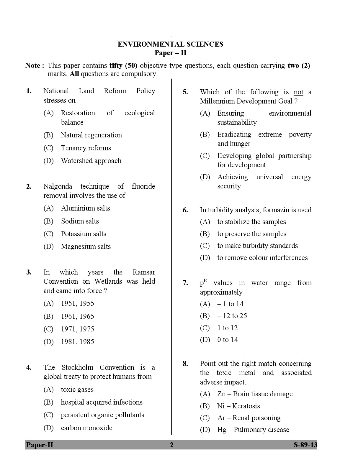 UGC NET Environmental Science Question Paper II Exam September 2013 2