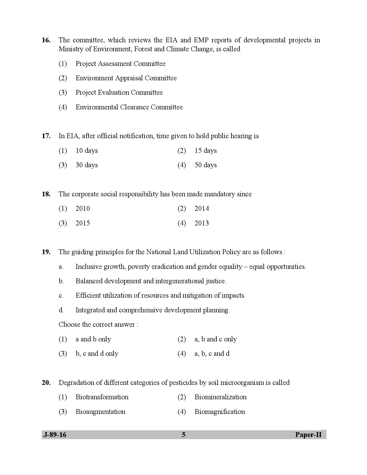 UGC NET Environmental Science Question Paper II July 2016 5