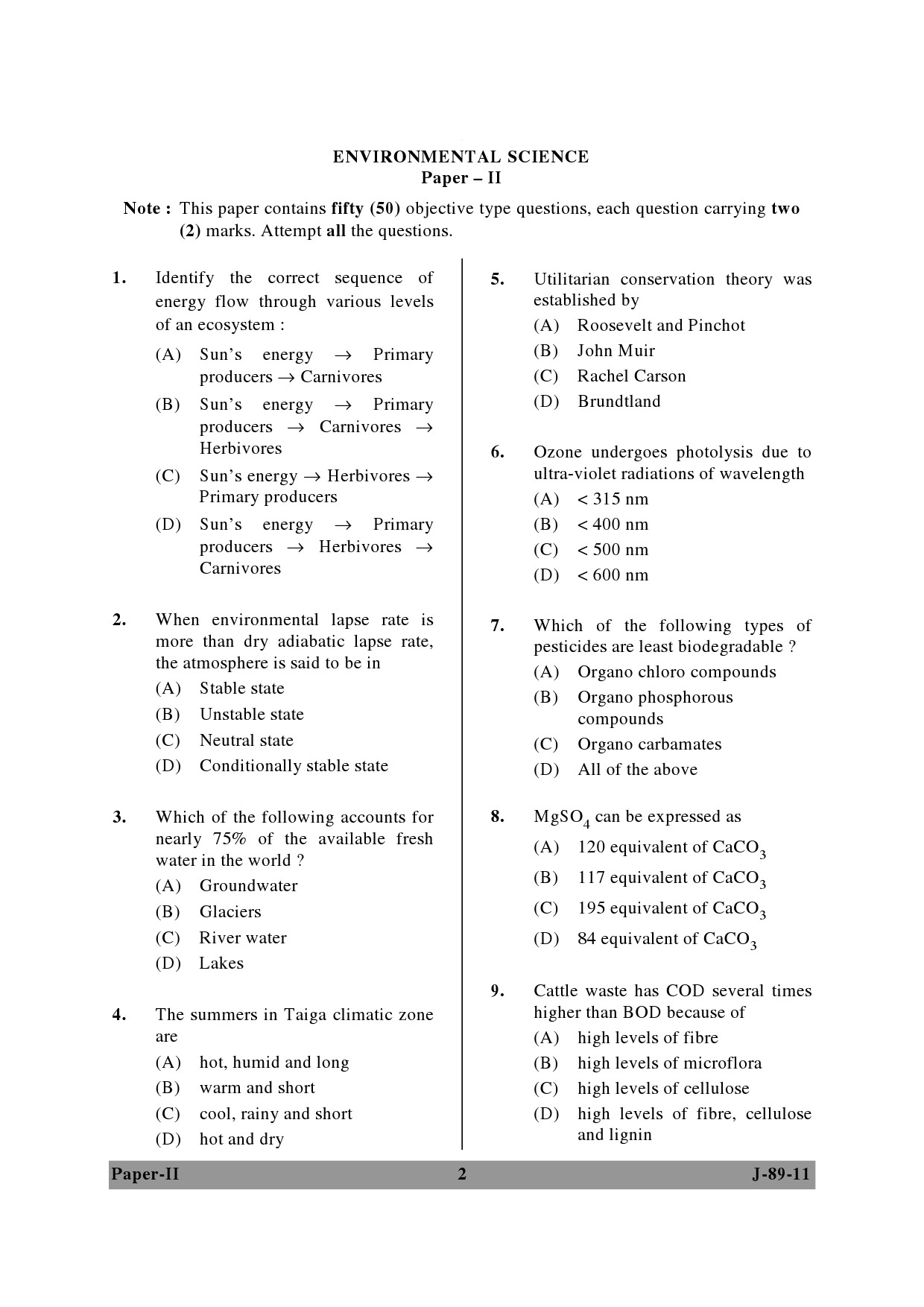 UGC NET Environmental Science Question Paper II June 2011 2