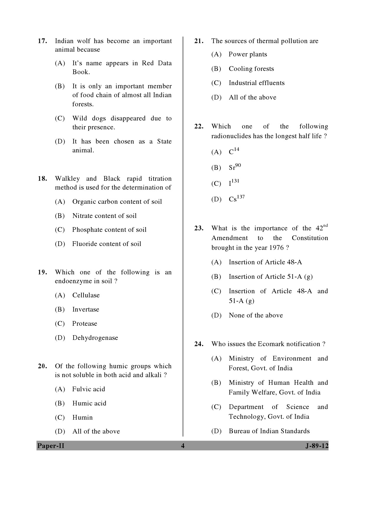 UGC NET Environmental Science Question Paper II June 2012 4