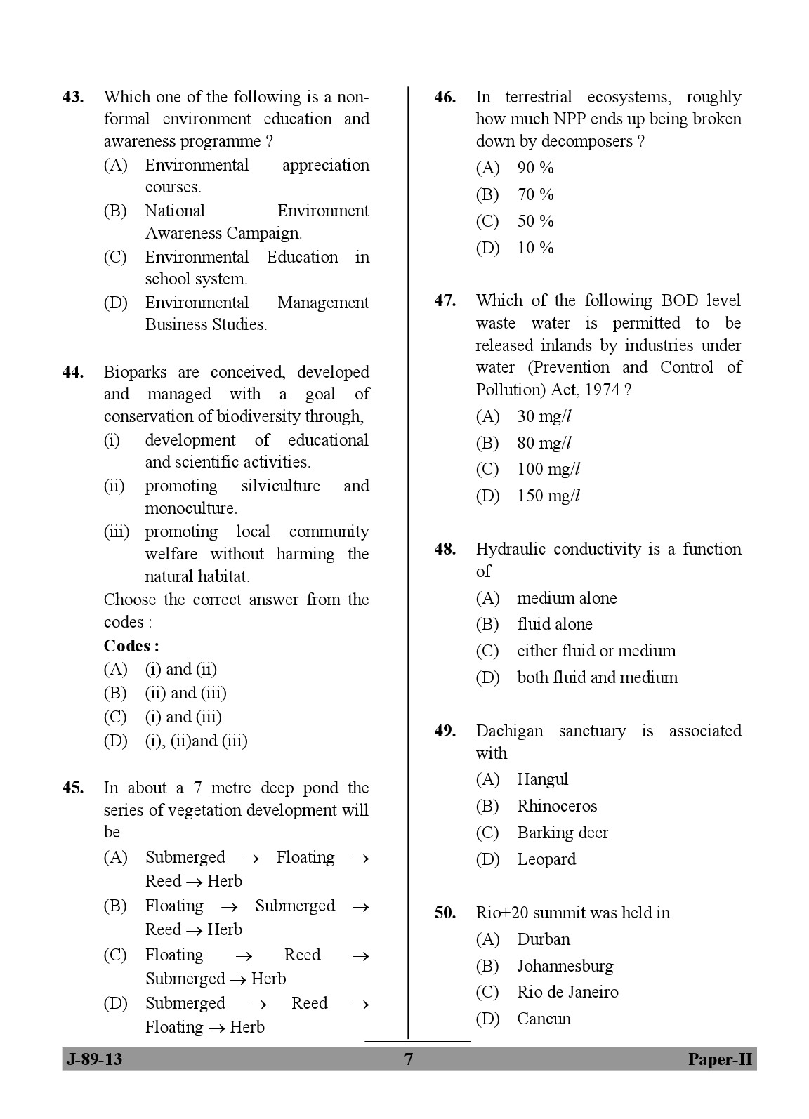 UGC NET Environmental Science Question Paper II June 2013 7