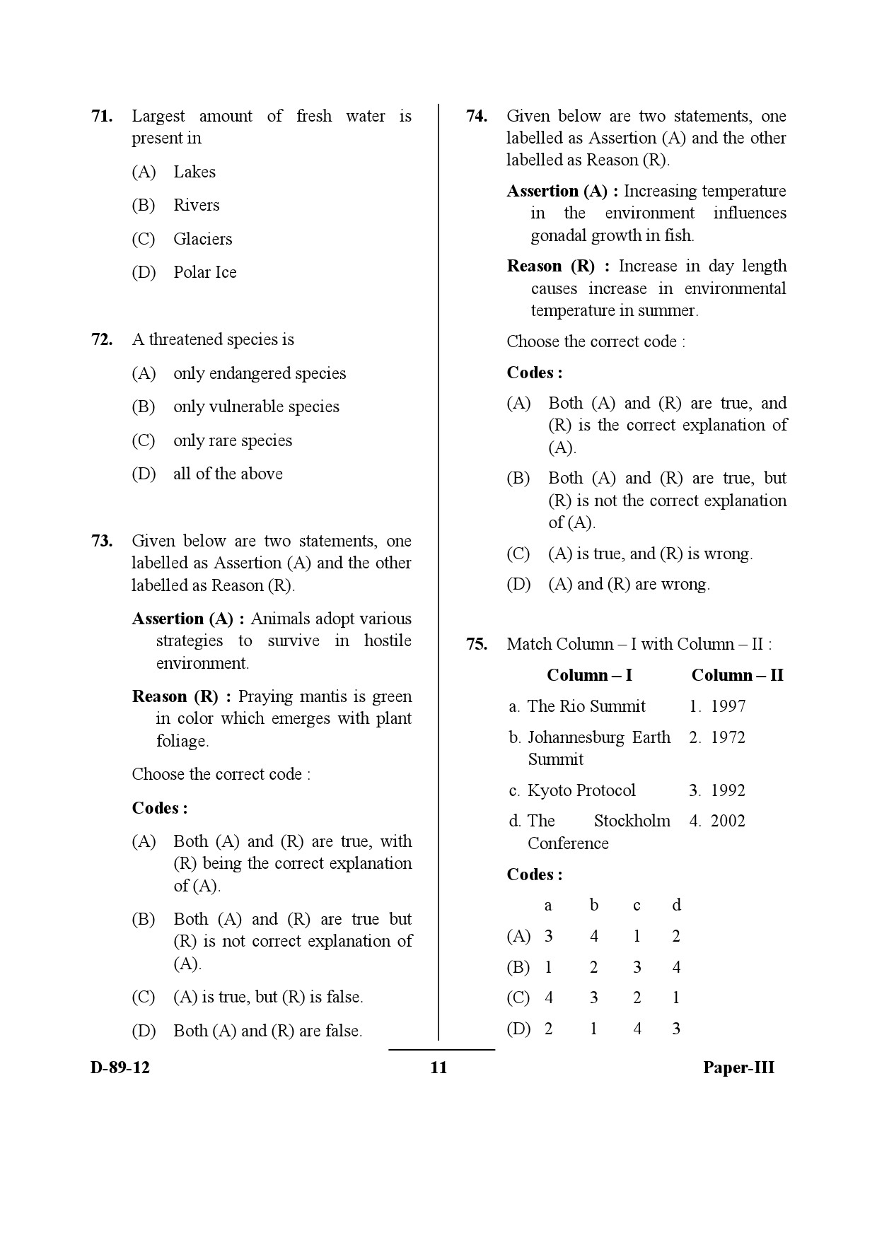 UGC NET Environmental Science Question Paper III December 2012 11