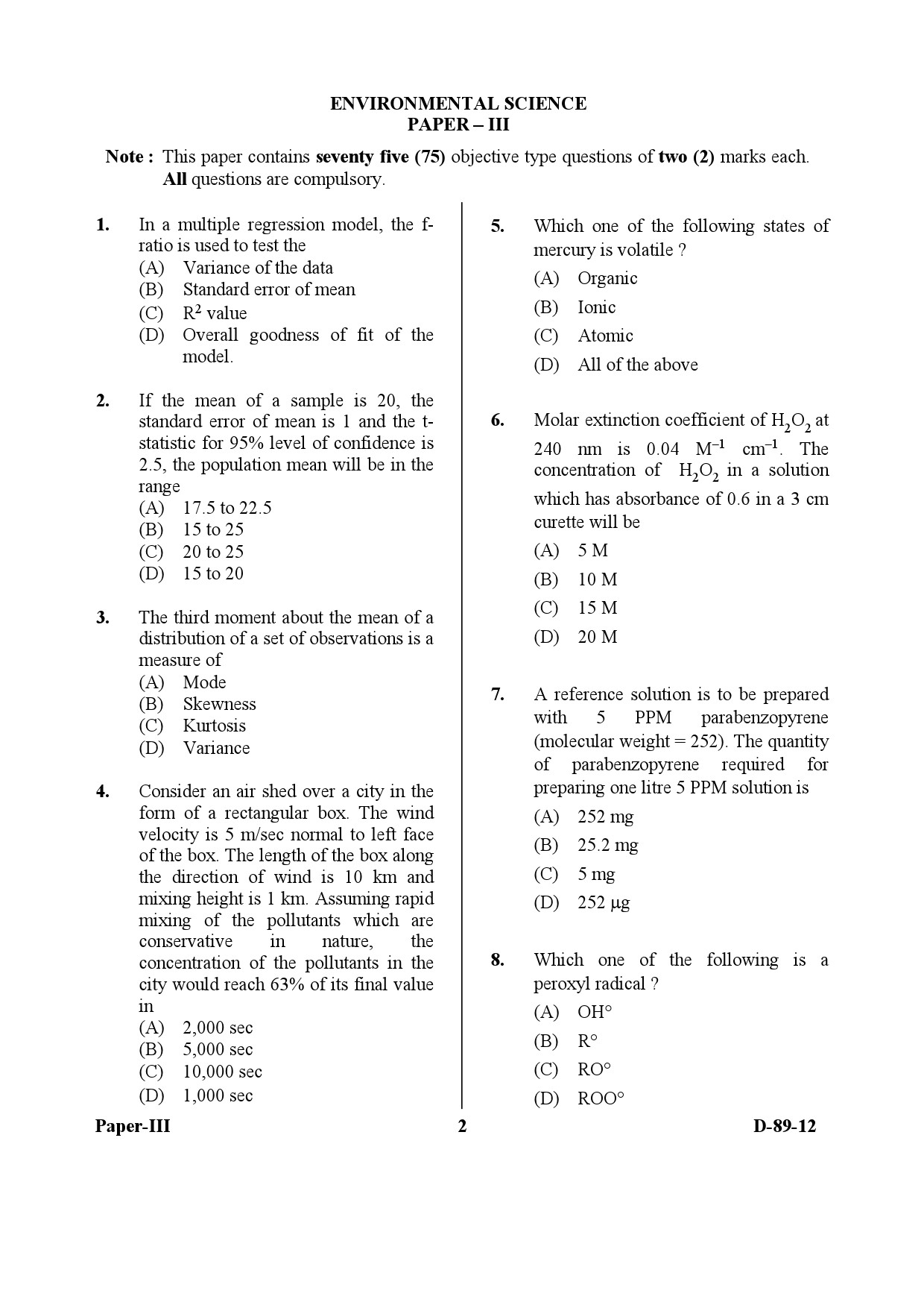 UGC NET Environmental Science Question Paper III December 2012 2