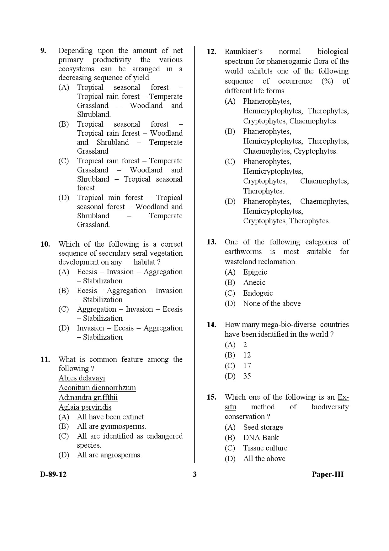 UGC NET Environmental Science Question Paper III December 2012 3