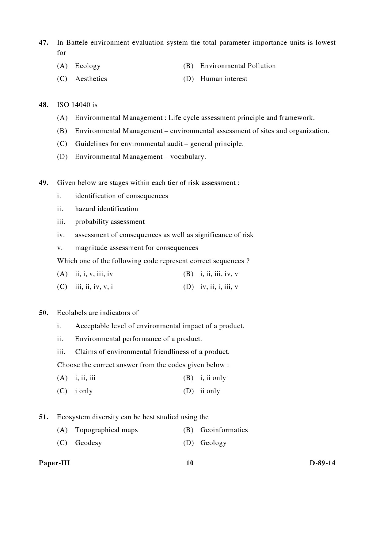 UGC NET Environmental Science Question Paper III December 2014 10