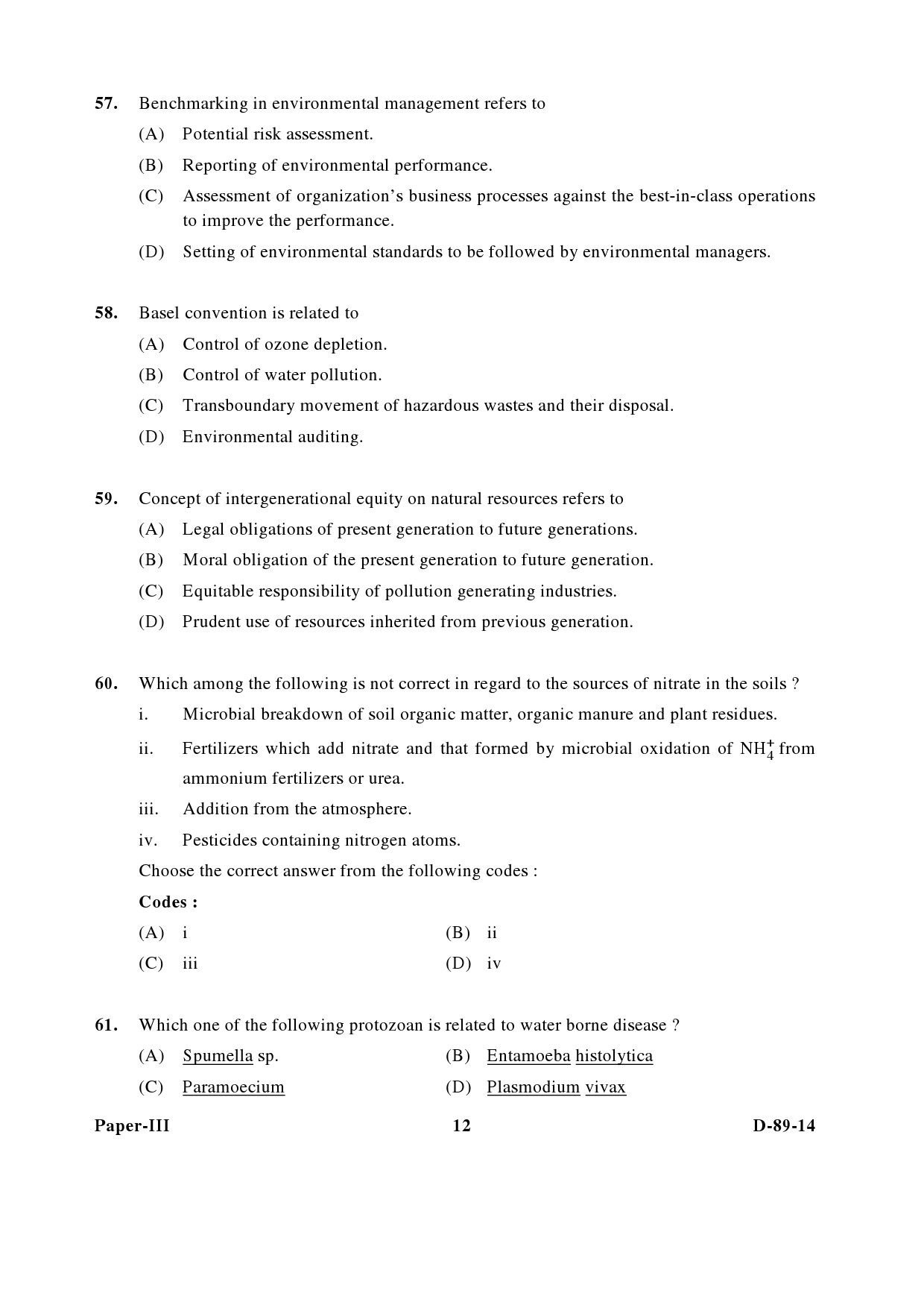 UGC NET Environmental Science Question Paper III December 2014 12