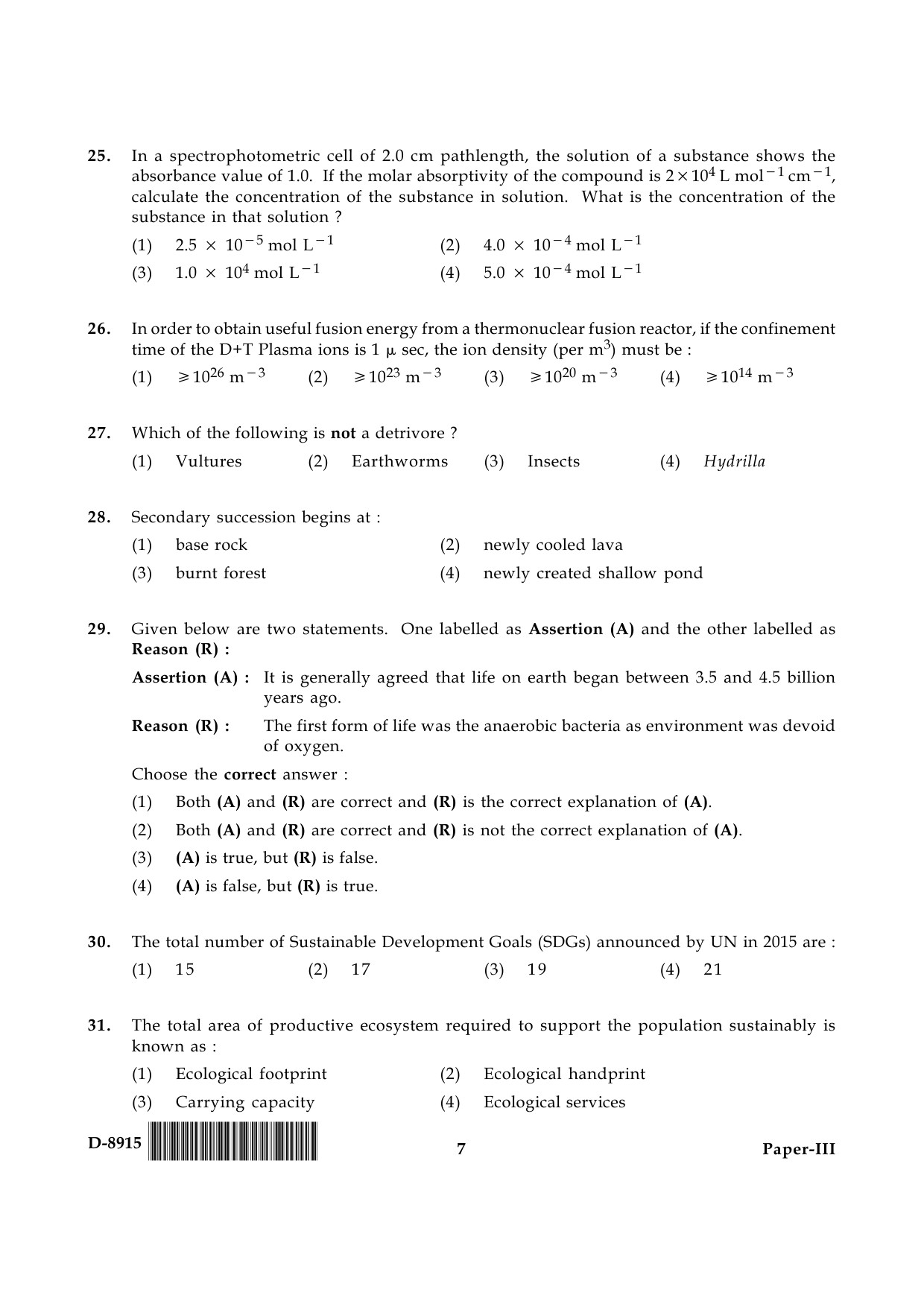 UGC NET Environmental Science Question Paper III December 2015 7