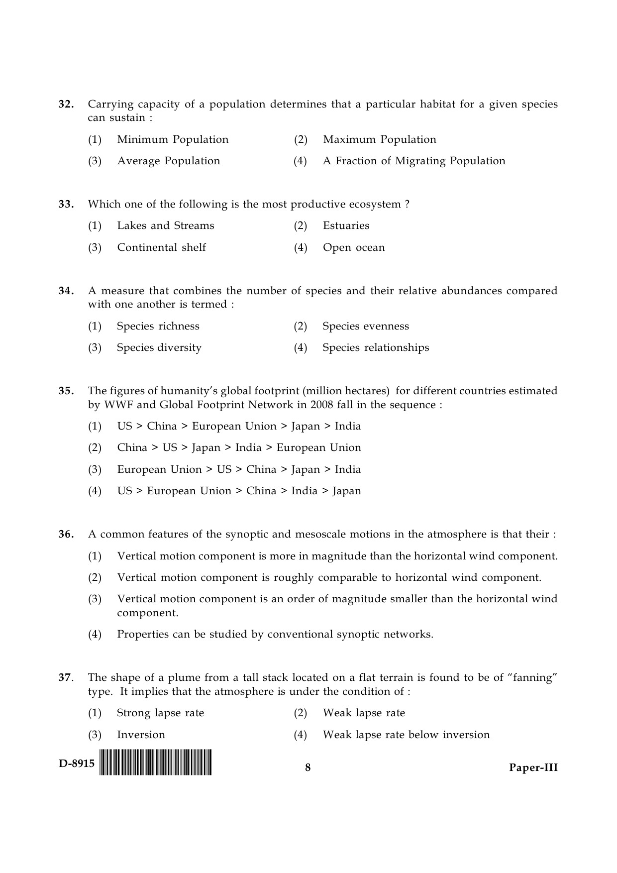 UGC NET Environmental Science Question Paper III December 2015 8