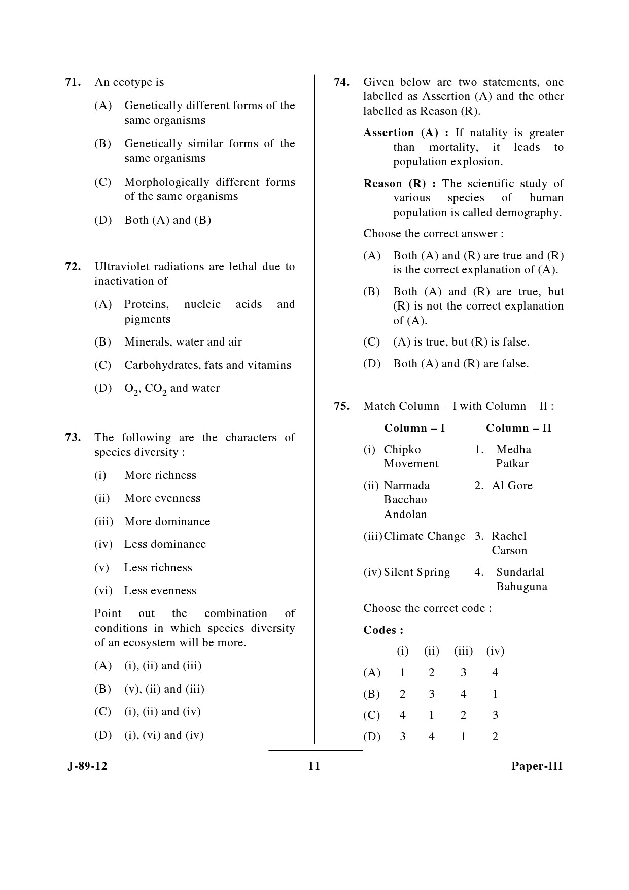 UGC NET Environmental Science Question Paper III June 2012 11