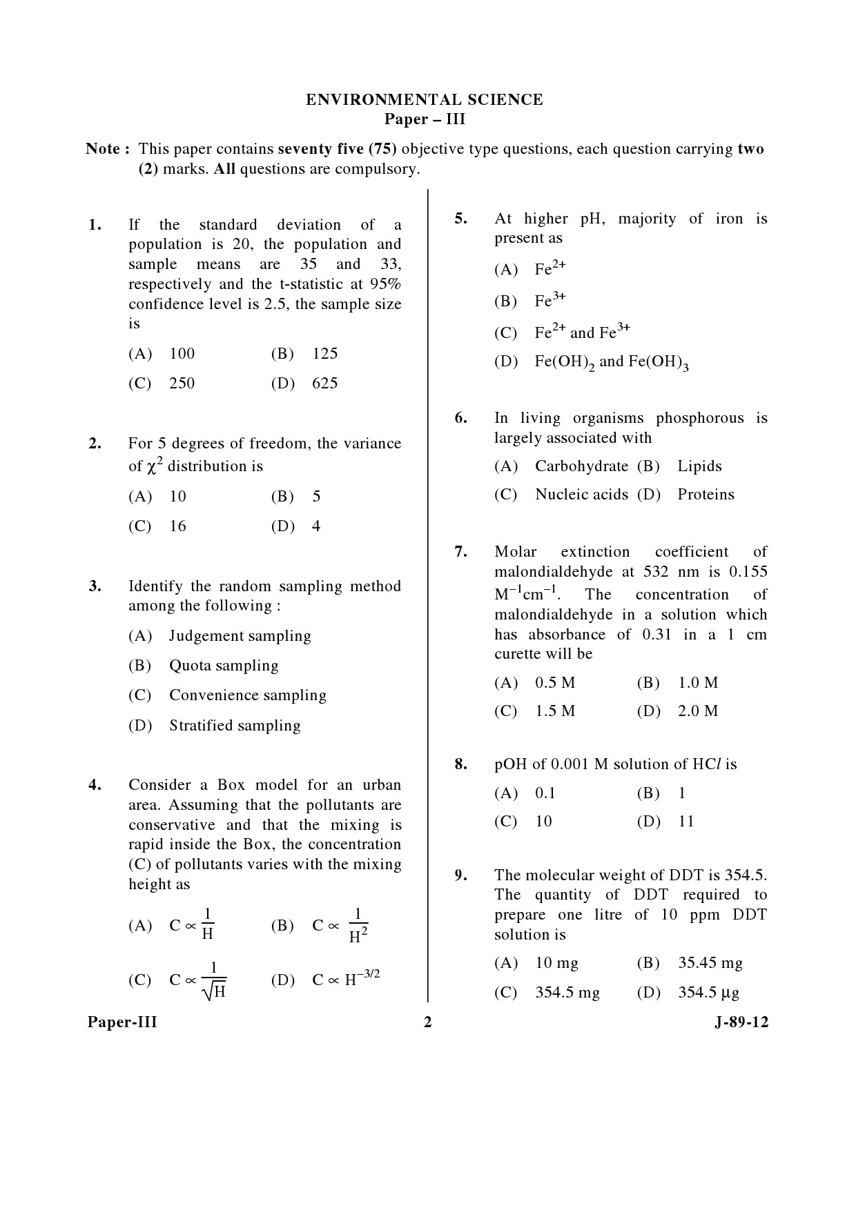 UGC NET Environmental Science Question Paper III June 2012 2