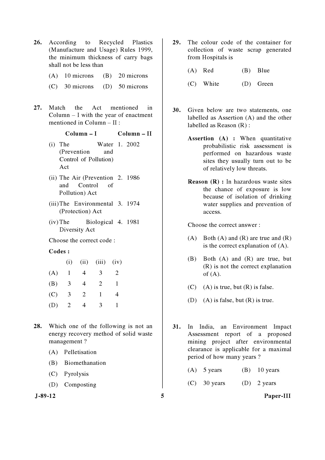 UGC NET Environmental Science Question Paper III June 2012 5