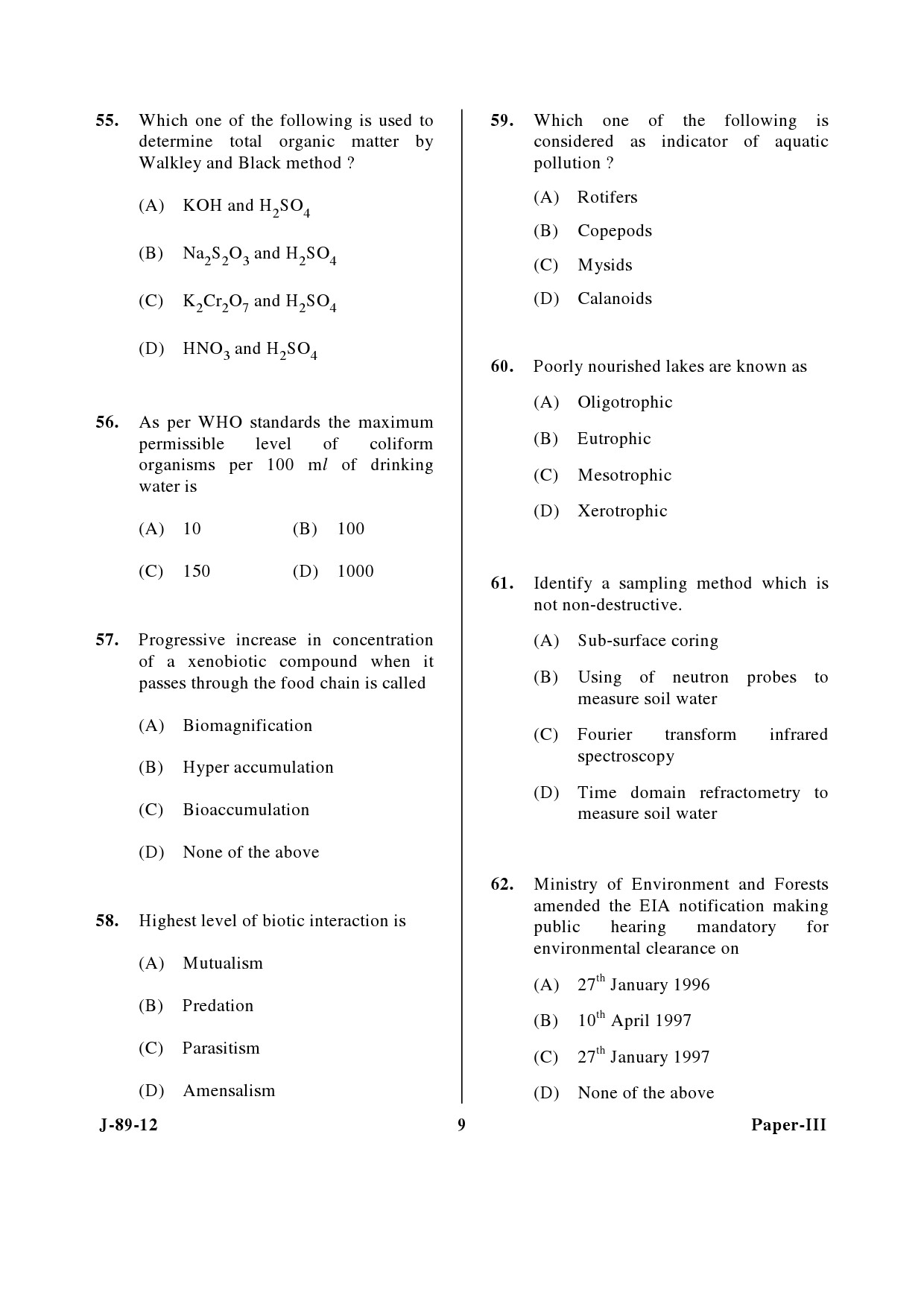 UGC NET Environmental Science Question Paper III June 2012 9