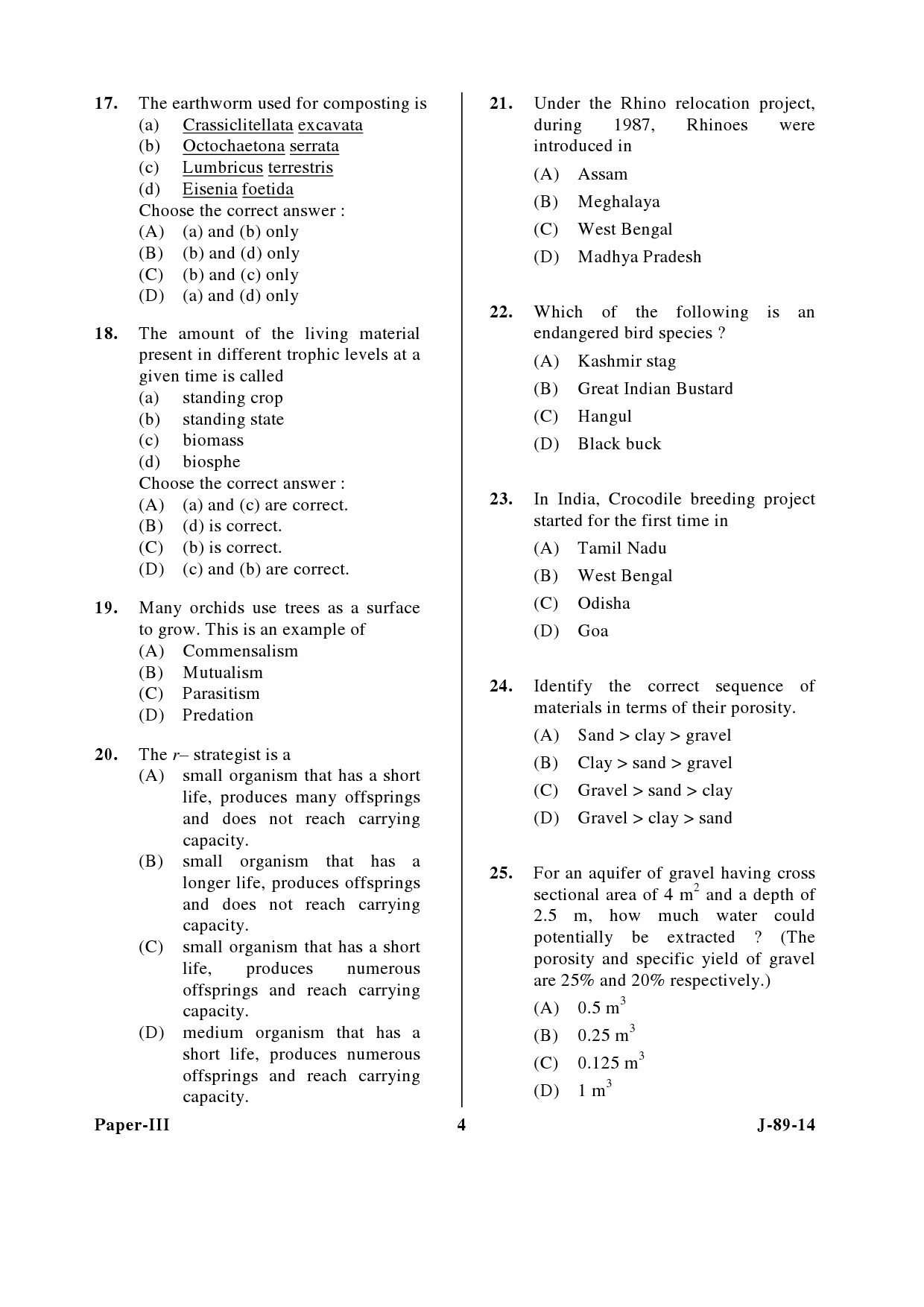 UGC NET Environmental Science Question Paper III June 2014 4