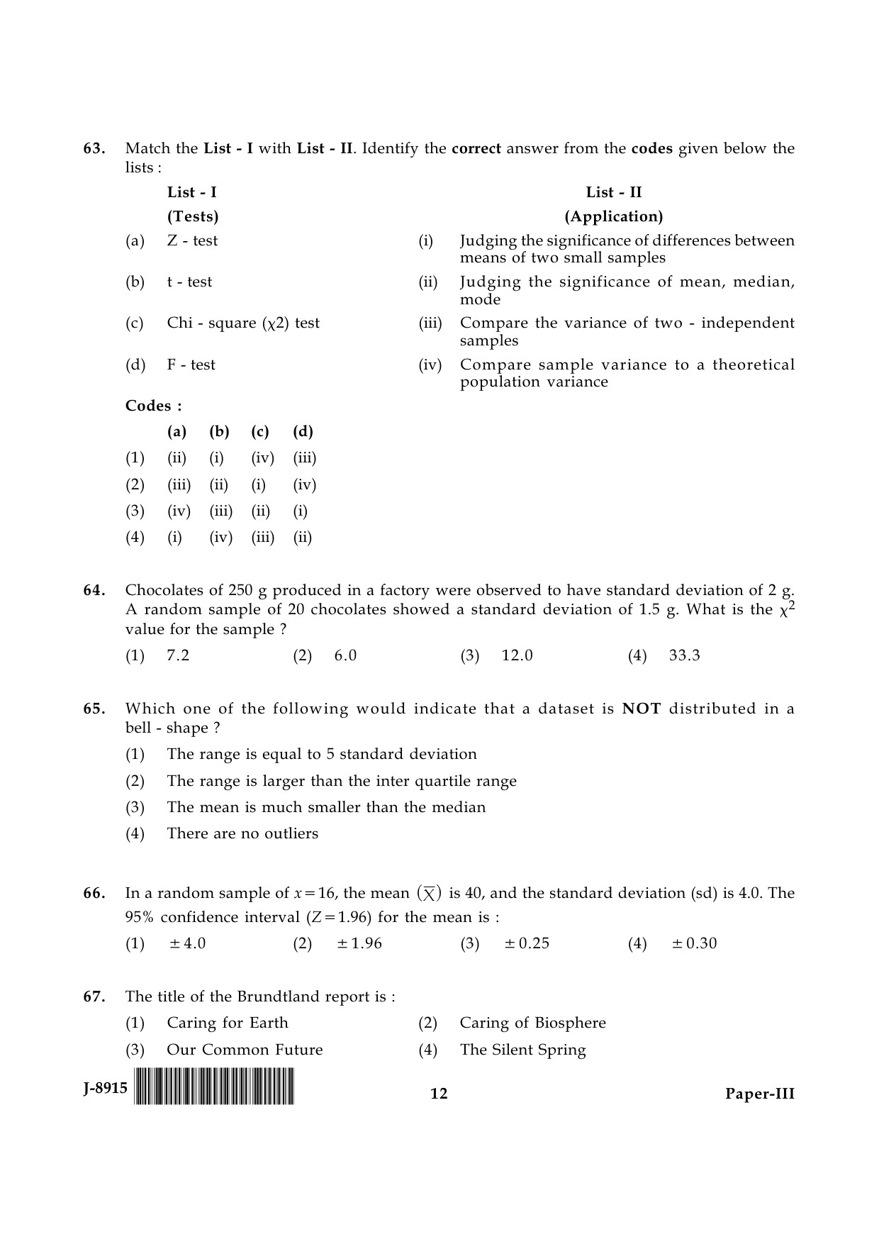 UGC NET Environmental Science Question Paper III June 2015 12