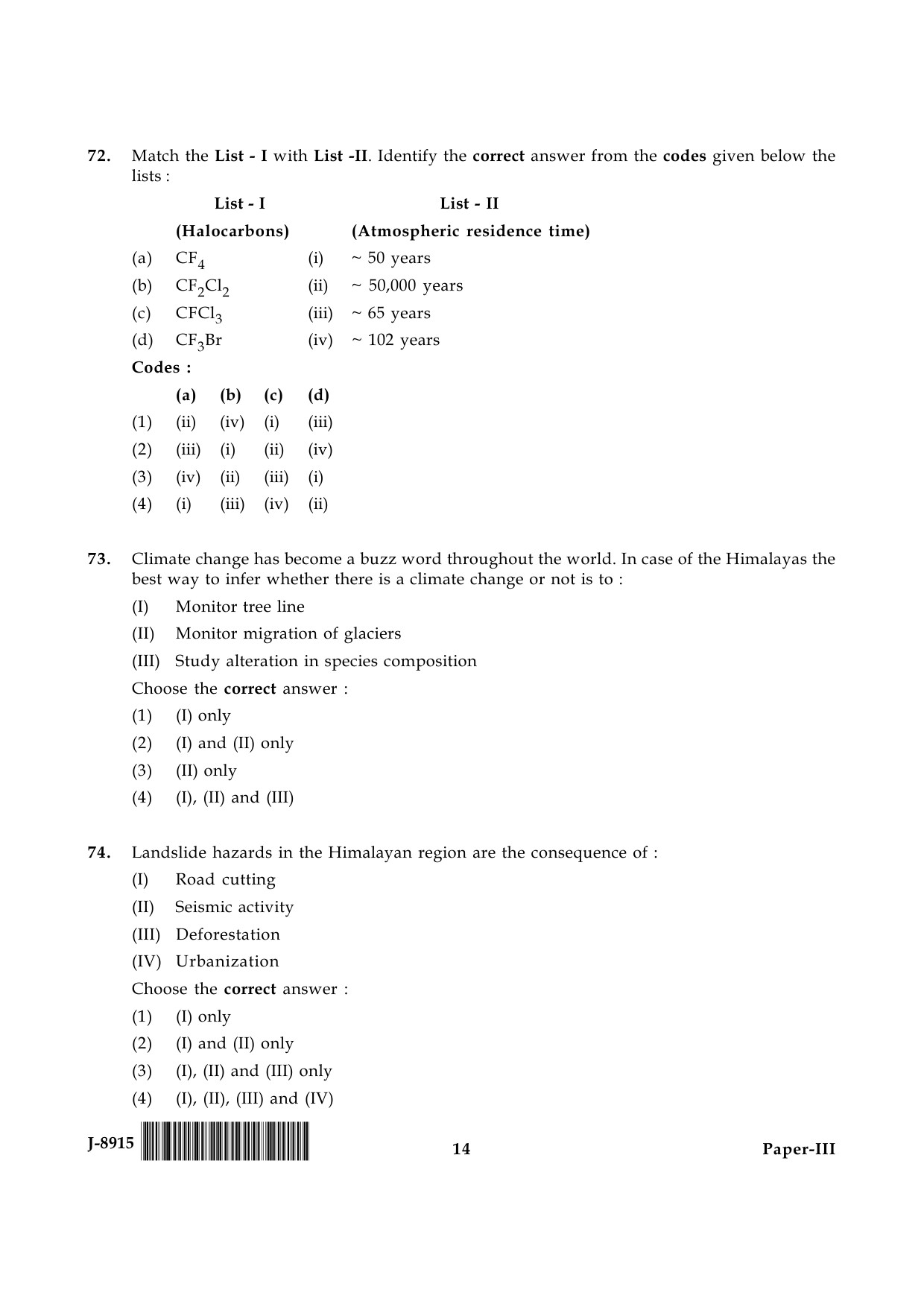 UGC NET Environmental Science Question Paper III June 2015 14