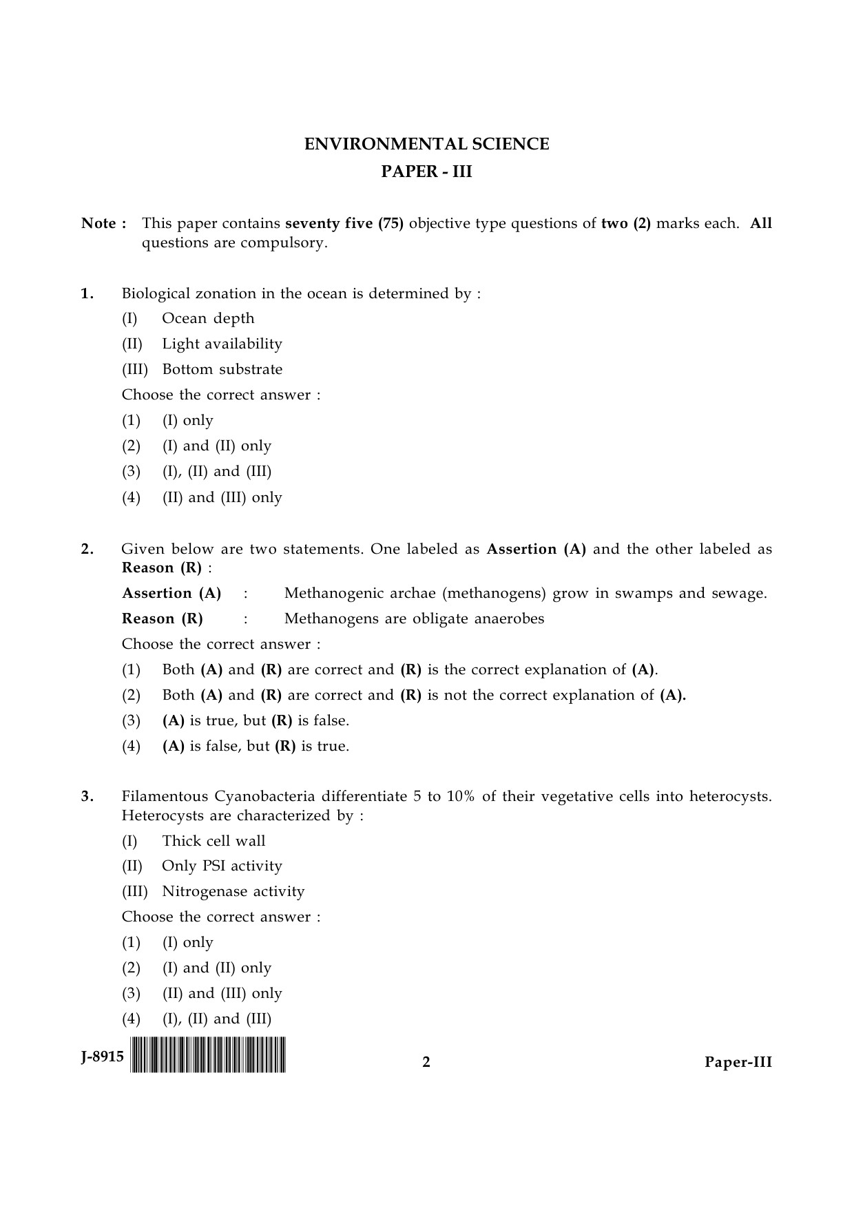 UGC NET Environmental Science Question Paper III June 2015 2