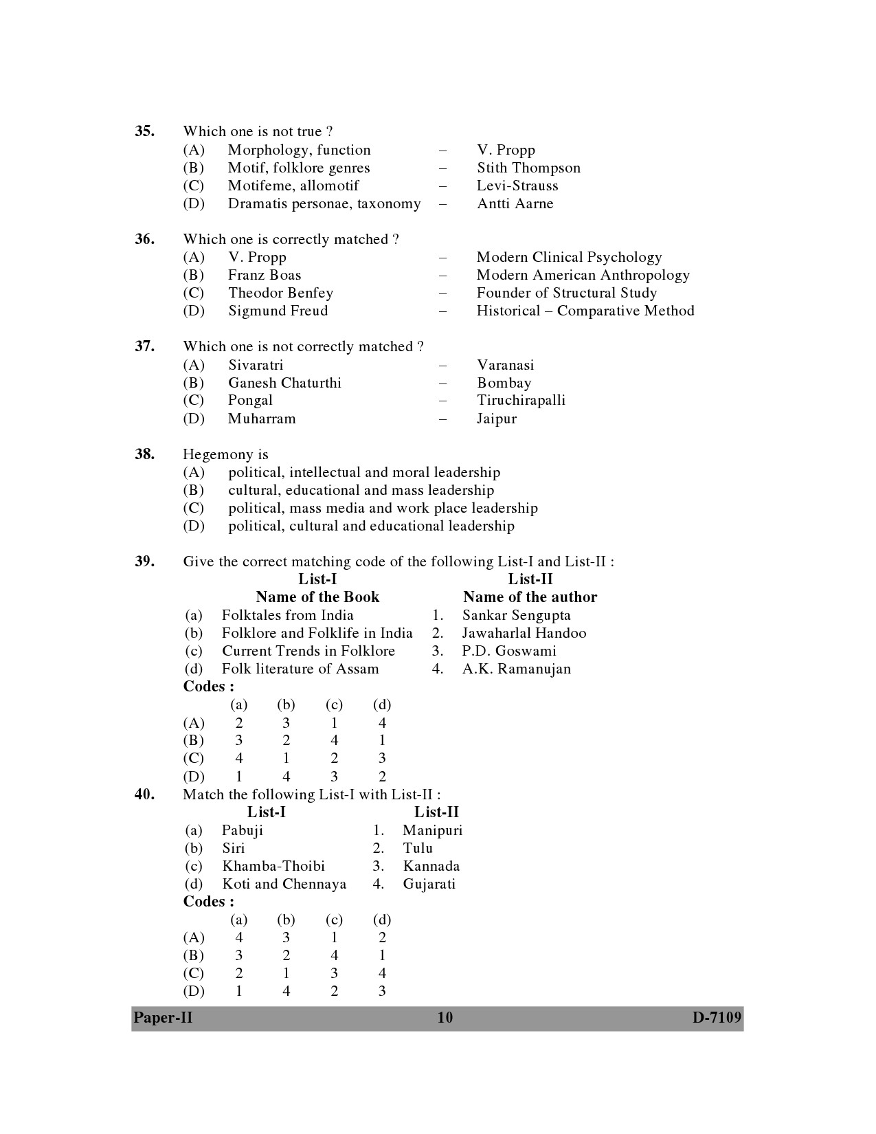 UGC NET Folk Literature Question Paper II December 2009 10